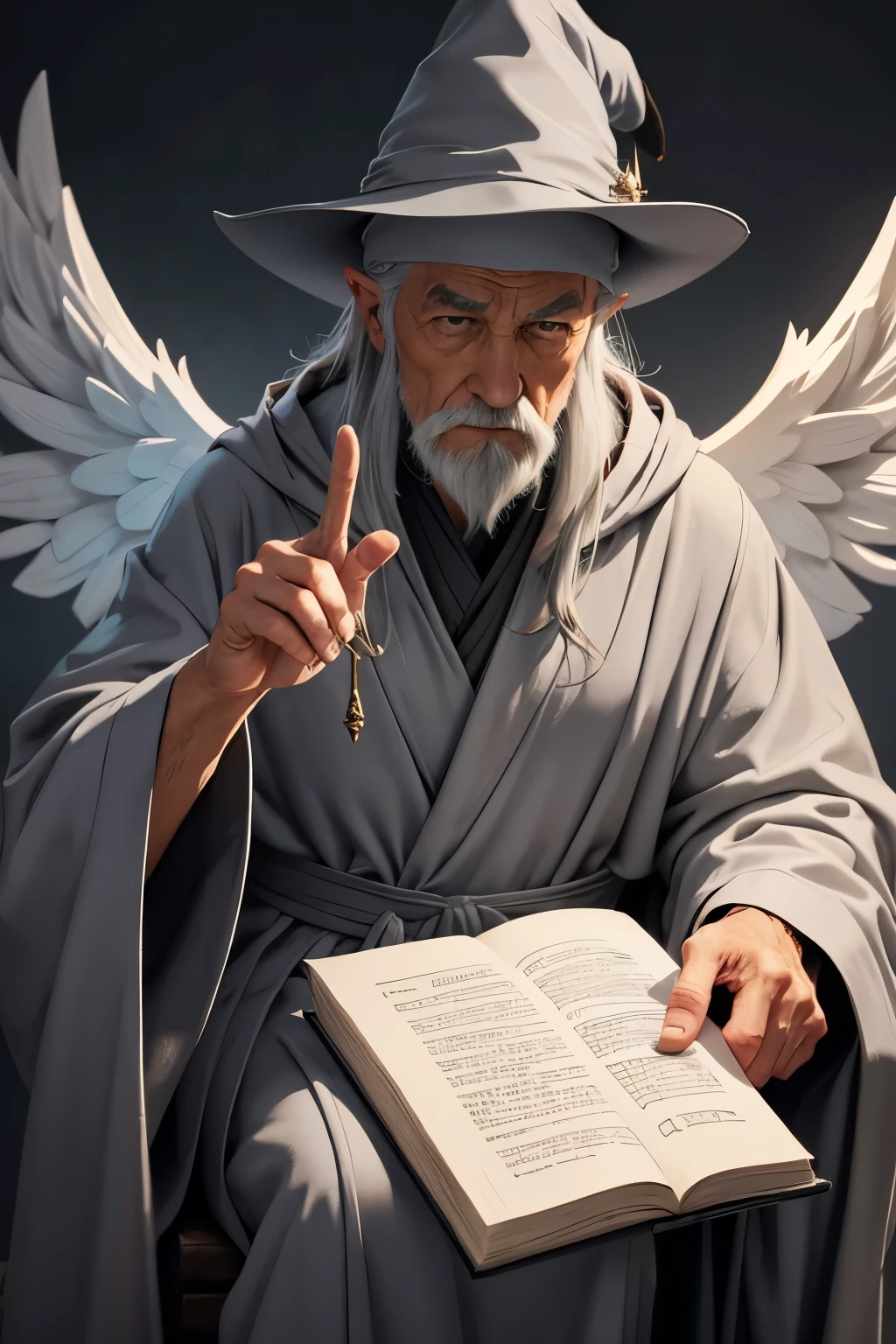 old wizard in grey robe and pointy hat as an angel