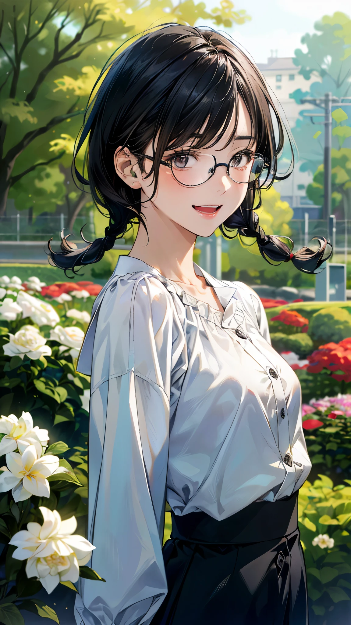 (masterpiece:1.2, top-quality, ultra high res, ultra detailed), (realistic, photorealistic:1.4), beautiful illustration, (natural side lighting, movie lighting),
looking at viewer, (face focus, upper body), 1 girl, japanese, high school dirl, perfect face, (perfect ???????), cute and symmetrical face, baby face, shiny skin, slender
(short hair:0.8, twin braids:1.2, black hair), braided bangs, grey eyes, long eye lasher, (medium breasts),
beautiful hair, beautiful face, beautiful detailed eyes, beautiful clavicle, beautiful body, beautiful chest, beautiful thigh, beautiful legs,
((detailed cloth texture, ruffled blouse with white collar, high-waisted skirt with 4 buttons), black-rimmed glasses), ,
(beautiful scenery), evening, IvoryGoldAI, (flower garden), walking, (lovely smile, upper eyes, open mouth small,),