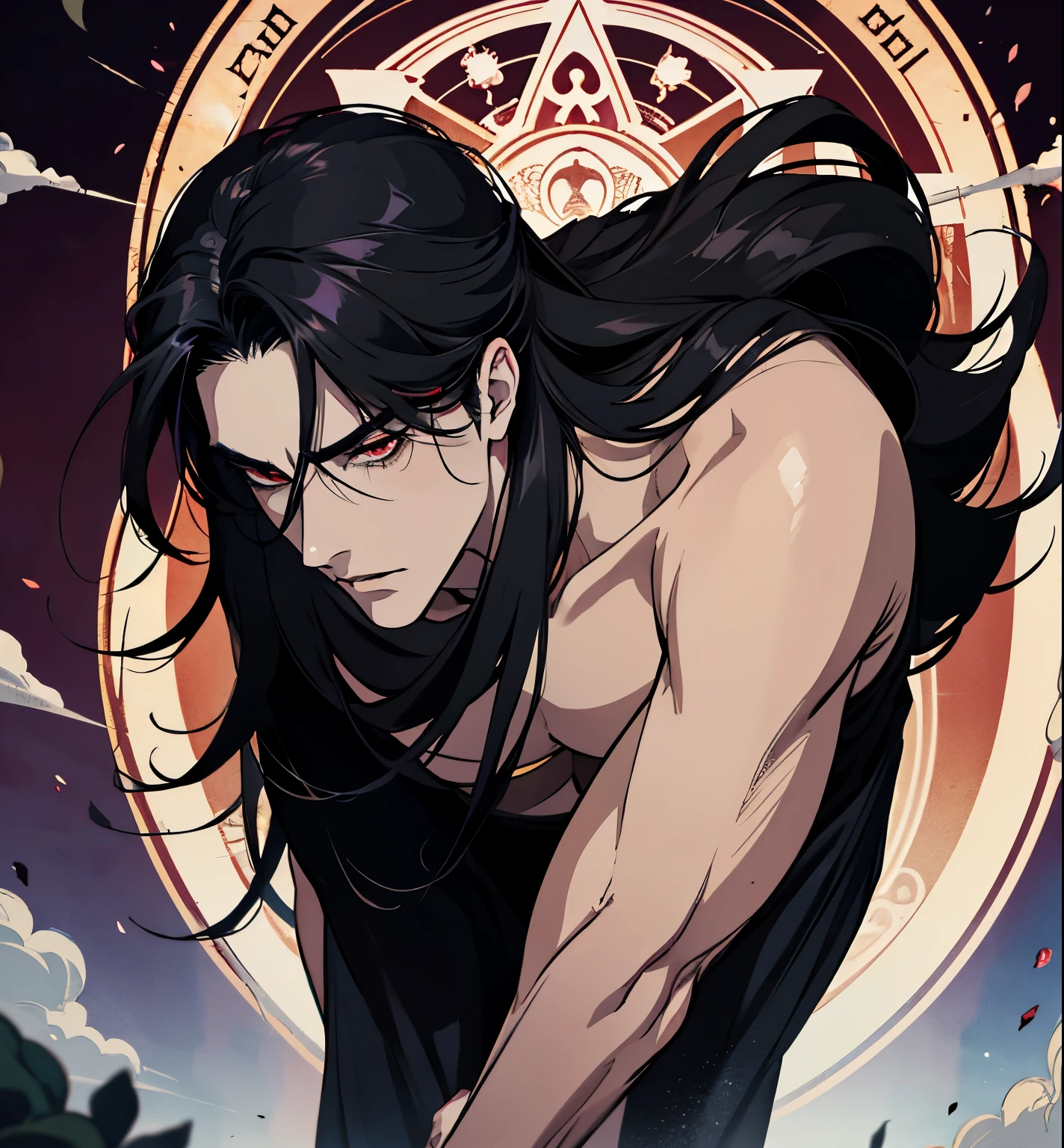 black hair, alucard, full body, 1 beautiful male god of death, detailed anime character art, male vampire of clan banu haqim, l vampire, with his long black hair, androgynous vampire, detailed 25 year old male face, ultra realistic anime, red eyes, no emotions, INTJ, intelligent, sexy, attractive, full body, tongle, no clothes, no shirt, adult content