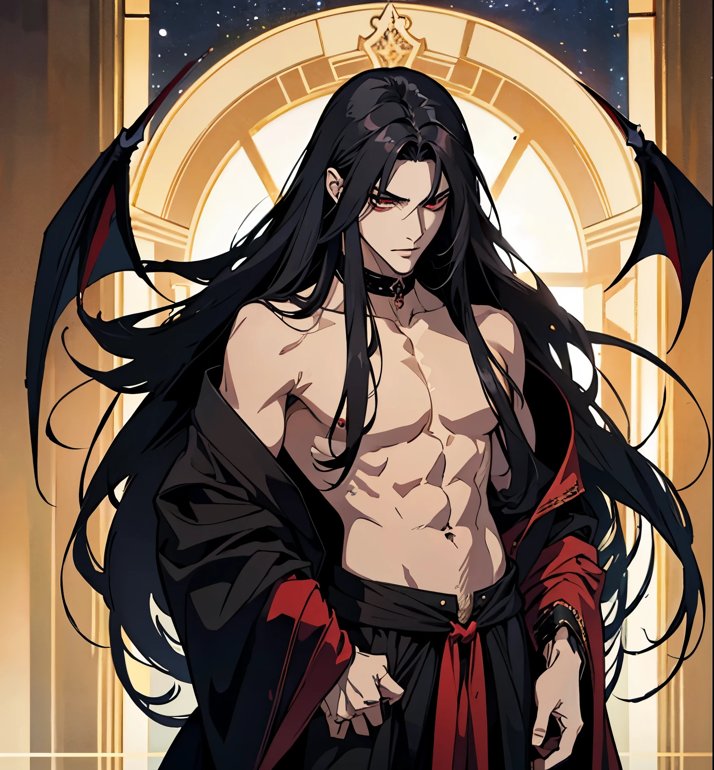 black hair, alucard, full body, 1 beautiful male god of death, detailed anime character art, male vampire of clan banu haqim, l vampire, with his long black hair, androgynous vampire, detailed 25 year old male face, ultra realistic anime, red eyes, no emotions, INTJ, intelligent, sexy, attractive, full body, tongle, no clothes, no shirt, adult content