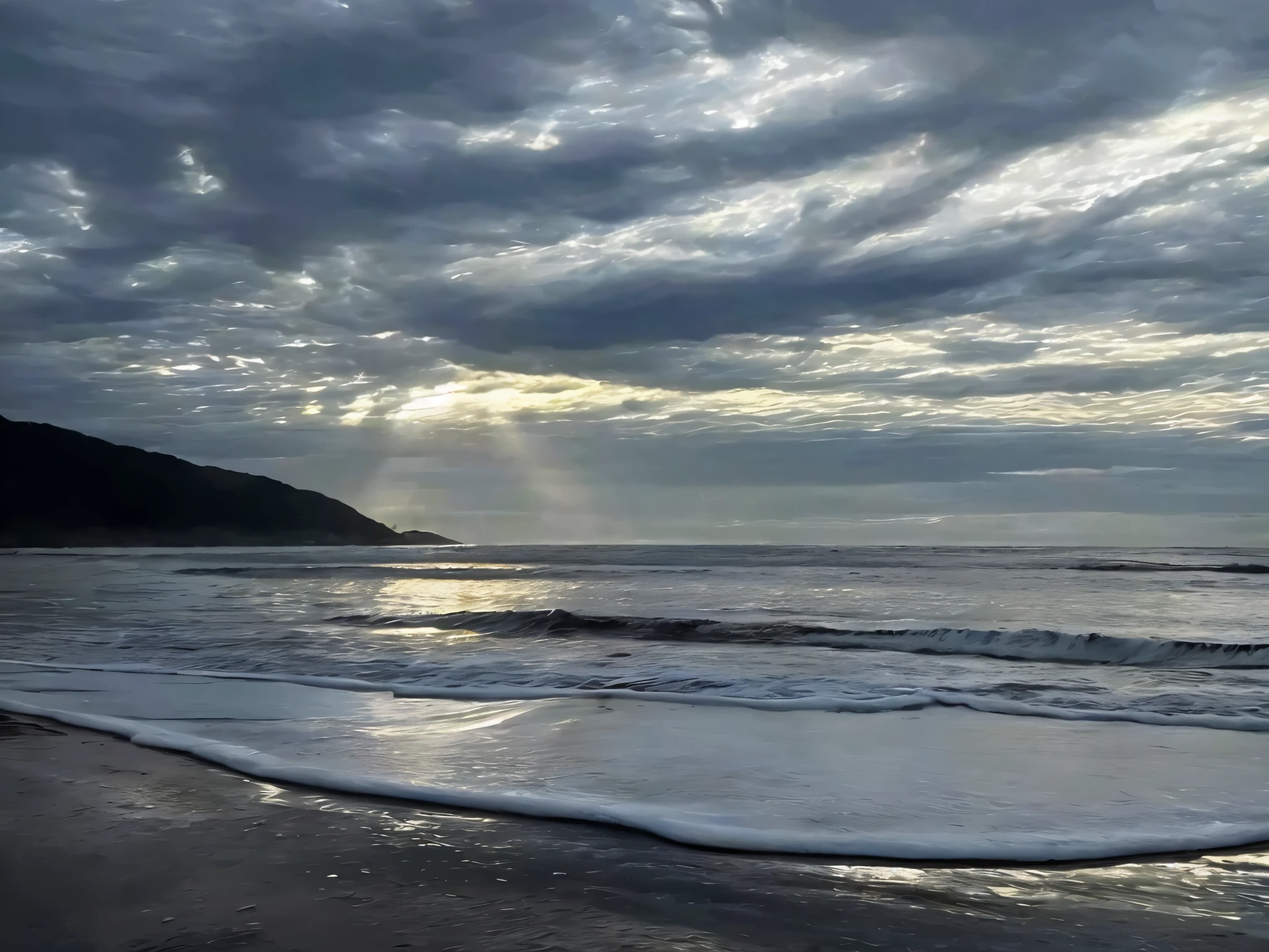 Alaphis walks on the beach with a surfboard, clouds和波浪, some light, Sunshine from the left, photos of ocean, With divine light as background, clouds、wings and waves, Moody morning light, beautiful dark beach landscape, Sunlight breaks through the clouds, flashing light, dramatic morning light, morning light