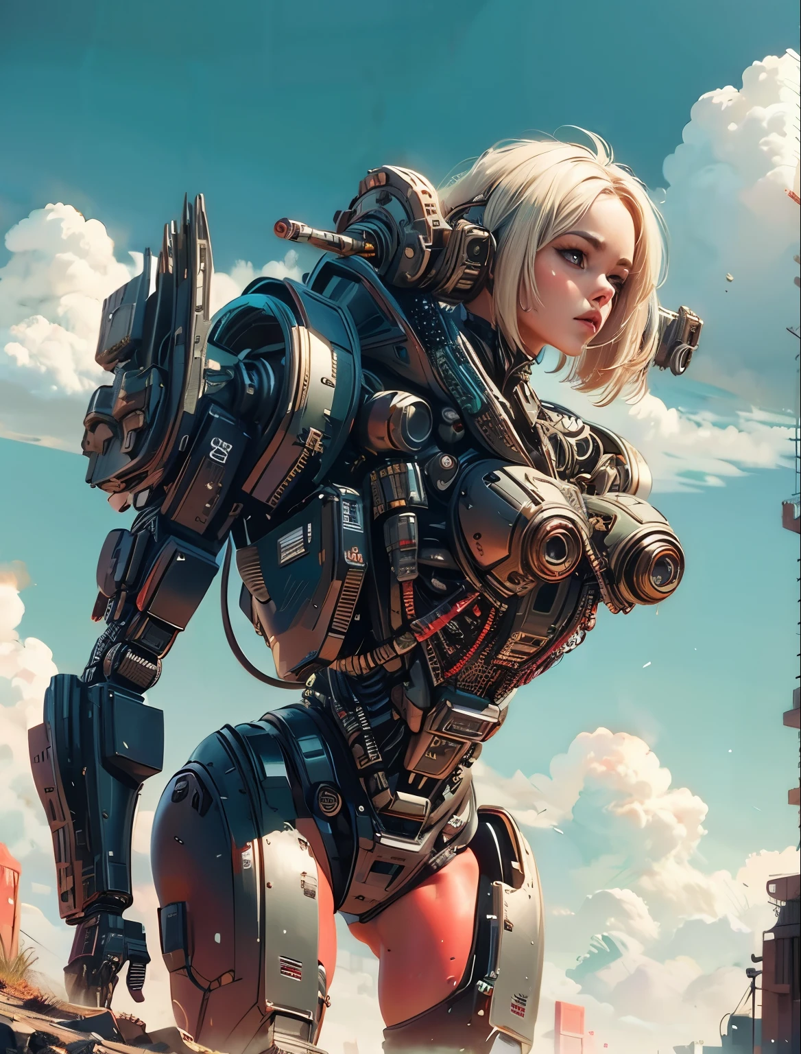 masterpiece，（best quality）Giant Cyberpunk Female Mechanical Titan，Breasts equipped with giant exoskeleton mechanical structural modules，Ruins of dilapidated underground city on cloudy day and night，end of the world，gundam helmet