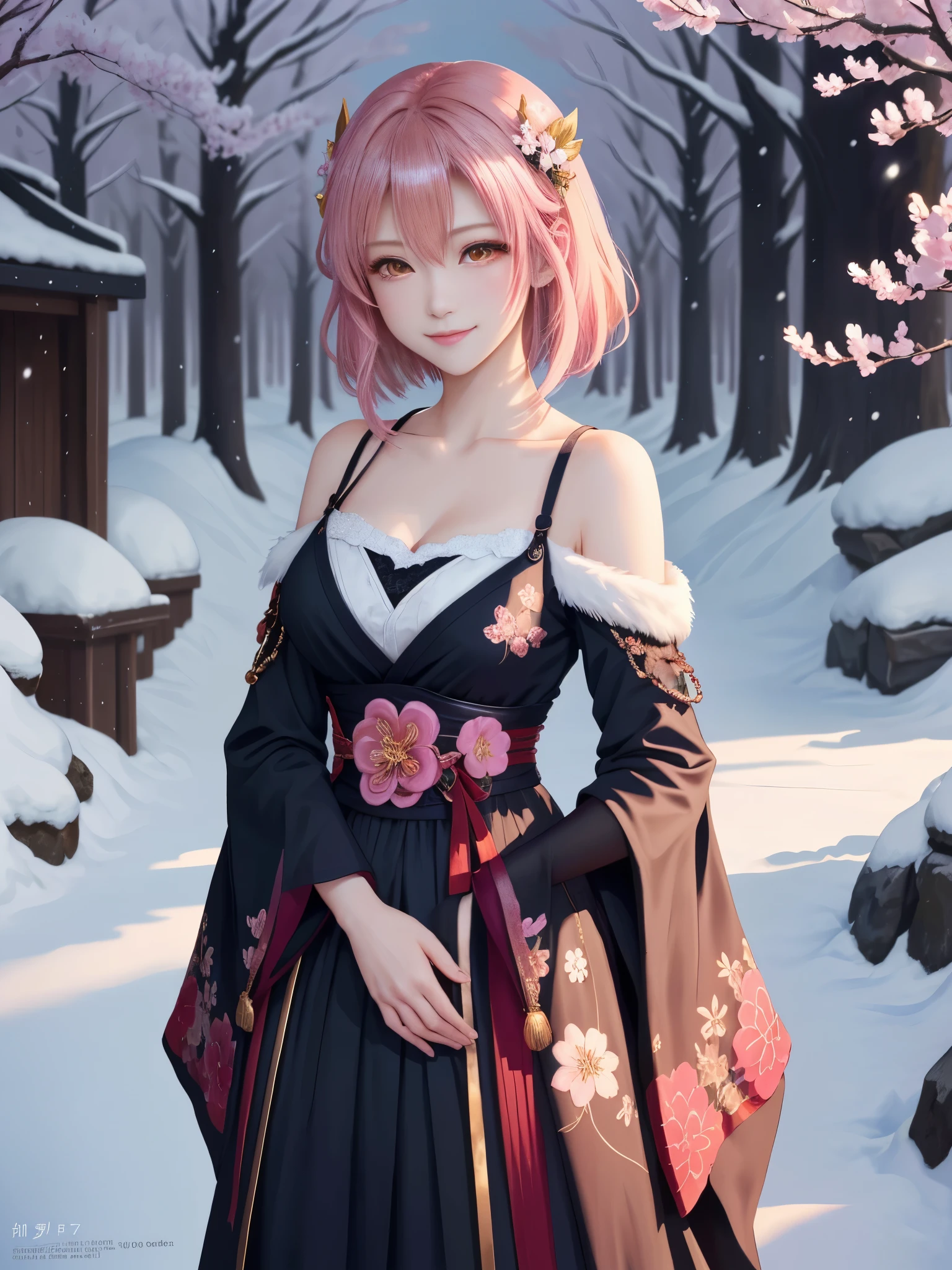 masterpiece , best quality,smile,smile,small face,shoulder exposure,less cleavage exposure,light pink hair,slender body shape,brown eyes,sharp contrast,short hair,Beautiful short hair,Berry Short,short cut hair,just one person,precision quality,Faithfully reproduced eyes, 一面に咲くcherry blossom background,snow scene,masterpiece, 幻想的なcherry blossom background,night,nightの背景,cherry blossom background,beautiful details, colorful, delicate details, delicate lips, intricate details, genuine, ultrargenuineista, 枝に座っている色とりどりの髪のFoxを持つ女の子:Mature, bright eyes, ,色とりどりのFox, raposa de nine tails, 三尾Fox, 三尾Fox, onmyoji detail art, beautiful fine art illustration, mythical creatures, Fox, beautiful digital art,shrine maiden,hold hands,exquisite digital illustration, mizutsune, Inspired by mythical wild web creatures, pixiv in digital art, shining light, high contrast, Mysterious,