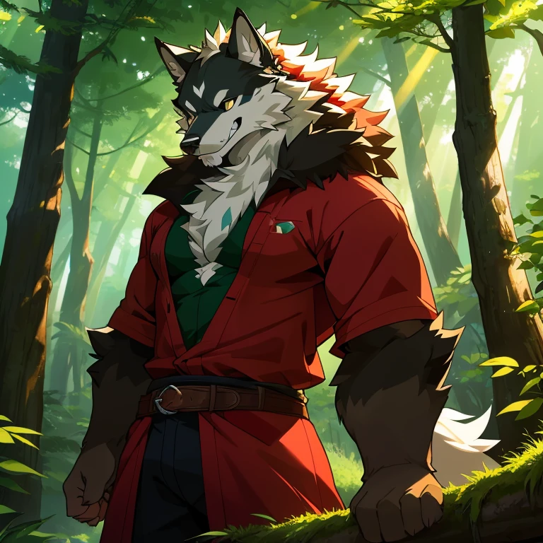 In the depths of the lush forest, a magnificent furry wolf stands tall and proud. His fu r is a striking mix of red and white fur, blending seamlessly with the natural colors of the forest. The sunlight filtering through the canopy above creates a beautiful dappled effect on his fur, highlighting the rich hues of red and white. The wolf is dressed in a rugged hunter shirt, adding to his majestic appearance. The shirt is a deep green color, complementing his fur and camouflaging him well within the forest surroundings. The fabric is sturdy and weathered, a testament to the wolf's life in the wilderness. Despite his wild appearance, there is a sense of intelligence and confidence in the wolf's piercing gaze. His proud smile reveals sharp teeth, hinting at his formidable strength and prowess as a hunter. With ears perked up and a keen sense of alertness, he exudes a sense of calm authority in his forest domain.