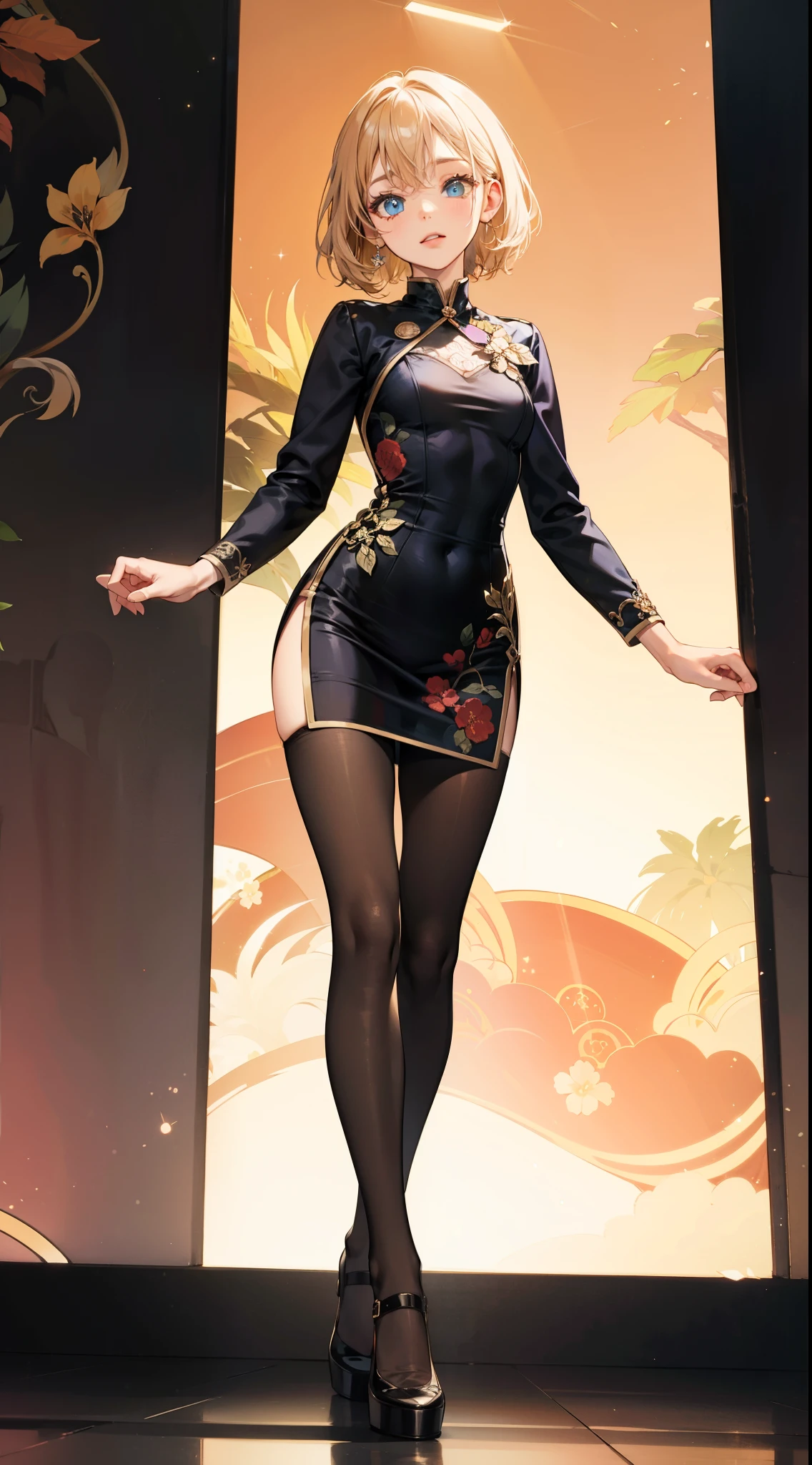 (Full body shooting ：2), （Full Focus：1.3）,Must show your face, anatomy correct, The character wears a Chinese cheongsam，Green and yellow color scheme，Strangle effect，High-heeled leather shoes, anklet，leg loops，collars，Heavy makeup, A shallow laugh, Latex stockings must be worn, hyper HD, Ray traching, structurally correct, Award-Awarded, high detal, lightand shade contrast, cinmatic lighting, tmasterpiece, super detailing, high high quality, high detal, best qualityer, 16k