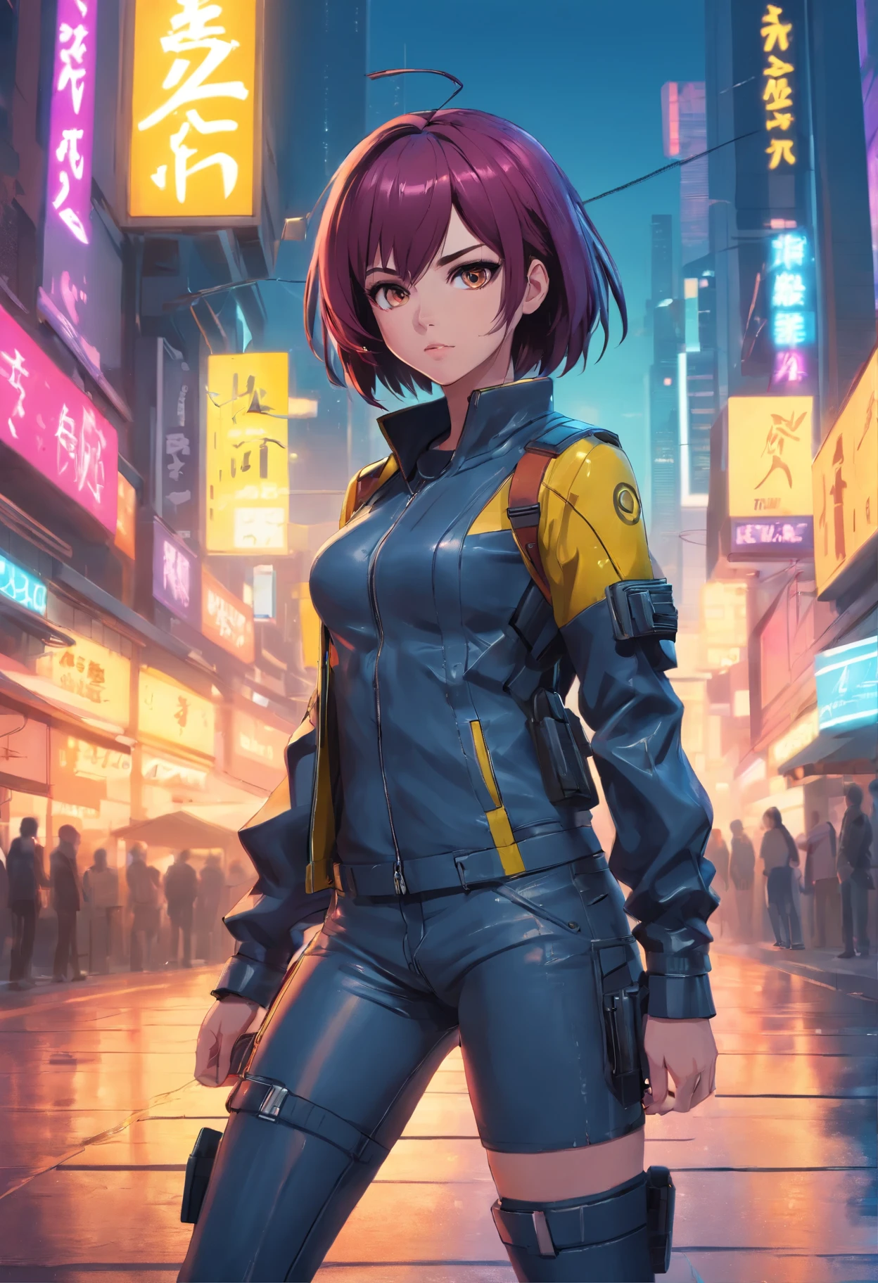 A photo of a beautiful young female killer Aria Stark full heigh in the style of the "cyberpunk 2077", in worm tleather killer outfit, a detailed face, the whole body in t, perfect eyes, full height, short heir style