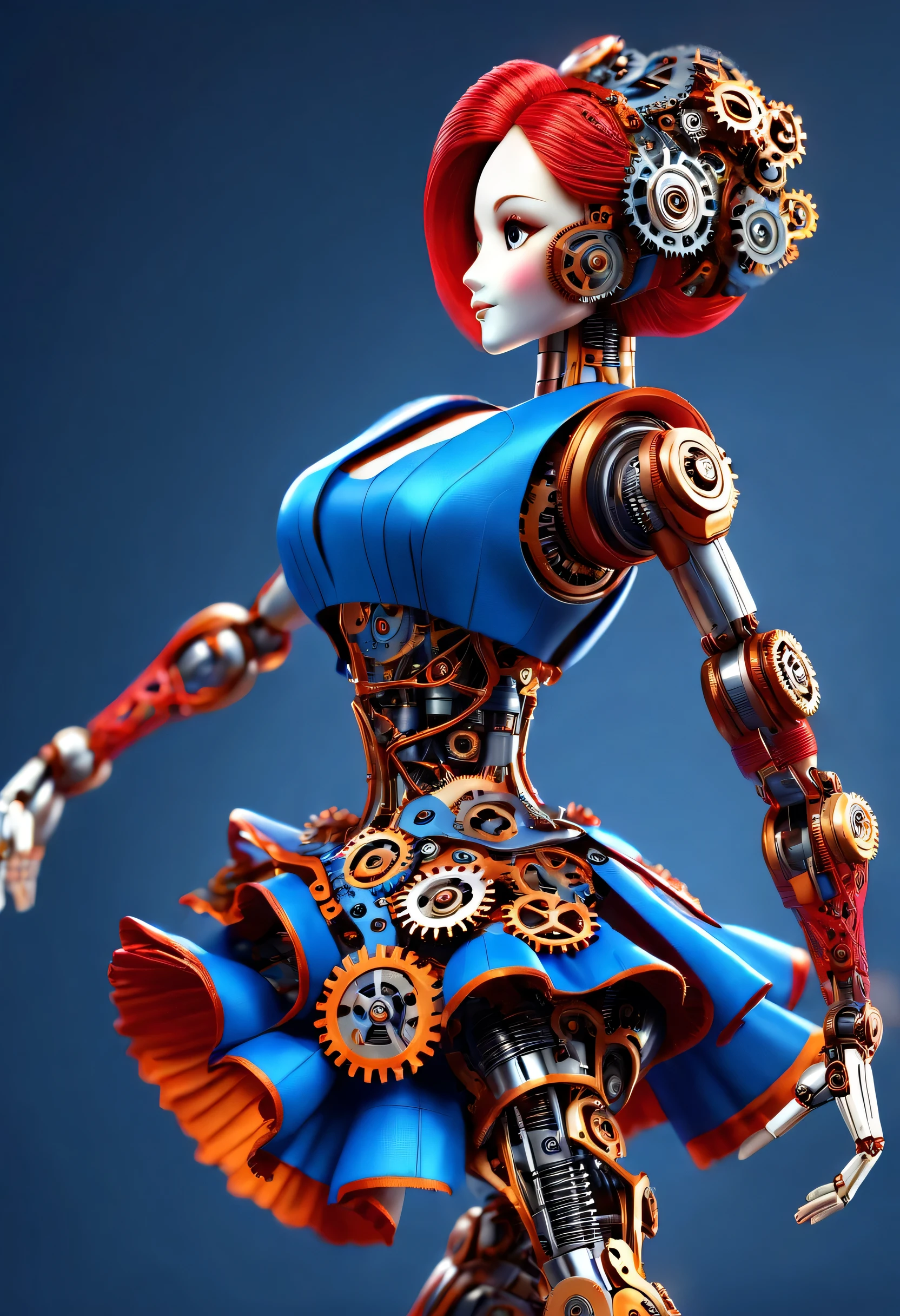 Mechanical doll design,Map design style, (A mechanical doll is dancing), robot character, Beautiful and meticulous,Mechanical clockwork,gear,Mechanical device base,Extra long red double braided hair,blue and orange skirt,dance,8k,Ultra-fine,lifelike,high resolution,Motion ray tracing,