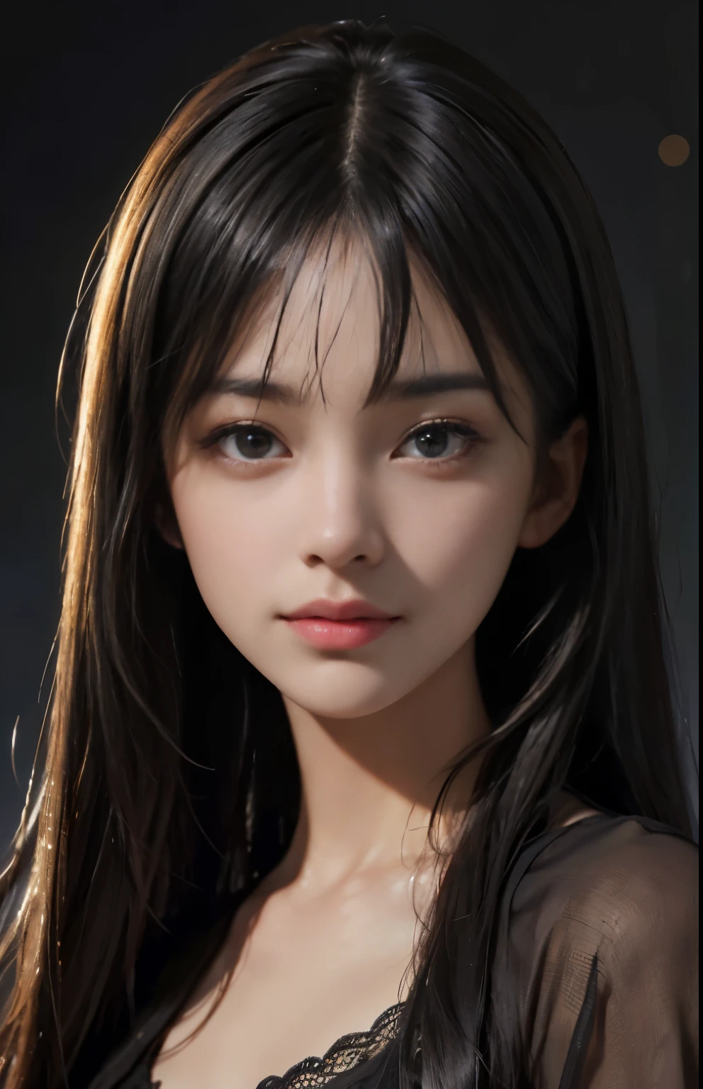 (surreal), (figure), (Improved resolution), (8k), (very detailed), (Best figure), (beautiful and detailed eyes), (highest quality), (super detailed), (masterpiece ), ( wallpaper), (detailed face), alone, 1 girl, looking at the viewer, small details, detailed face, in the dark, deep shadow, discreet key, Pure erotic face ace_v1, smile, long hair, black shawl straight hair , 46 point diagonal bangs