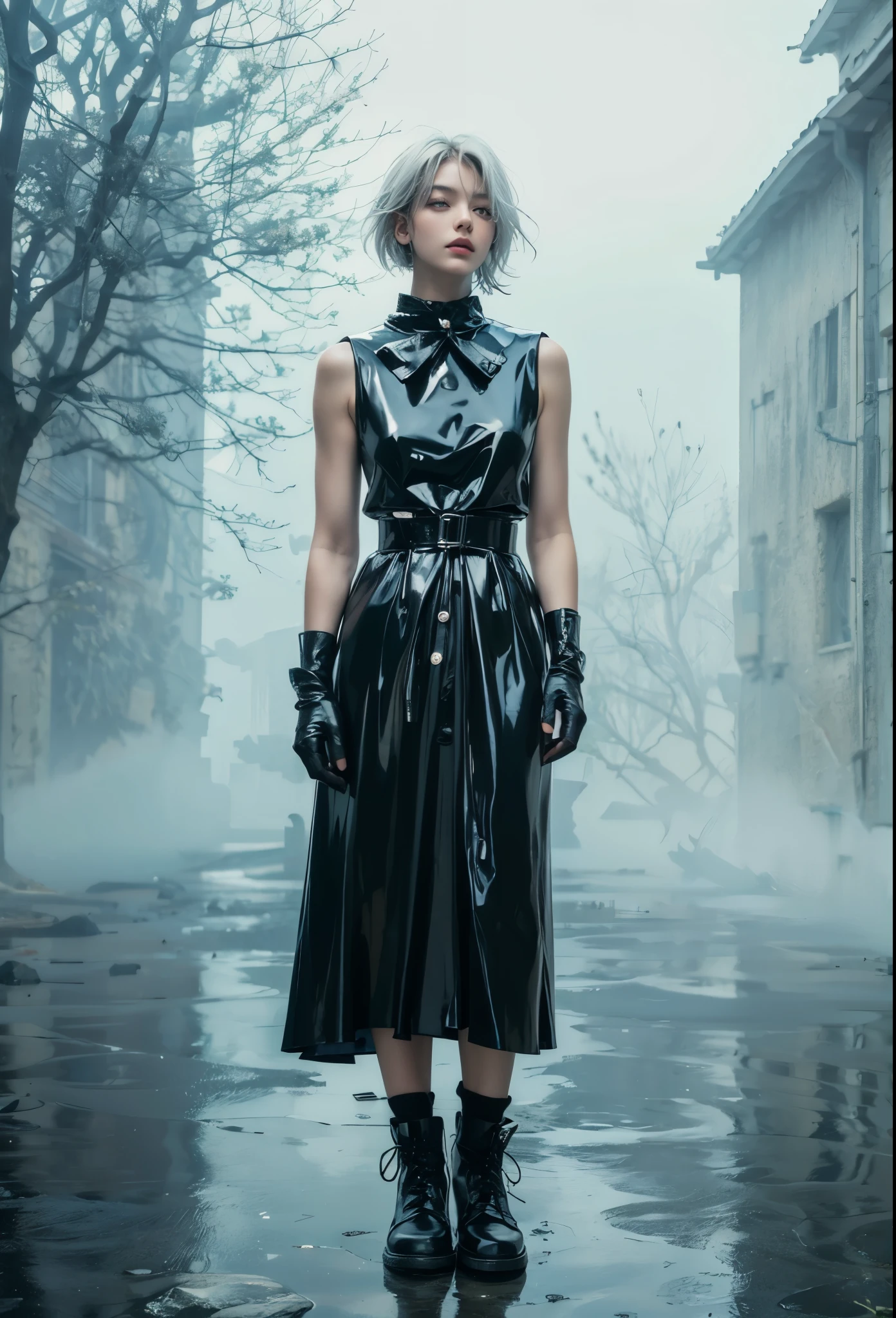 ultra detailed, beautiful, masterpiece, best quality, _ BREAK Beautiful and cute perfect model, Tightened all body, _ BREAK short hair, _ BREAK Perfect art background, Fog, mist, _ BREAK (all body front shot, standing and Hands on Hips:1.3), BREAK (puritan Collar, black latex simple Spring baggy maxi balloon Dress:1.2),(cute silhouette black latex dress:1.4), , (Sleeveless, simple, Thick fabric:1.2), (white latex trim:1.2), Enamel black Sneaker, (One point accessories:1.2),(fog and mist Blurred background, Perfect and beautiful concrete background:1.4), (Inorganic and nostalgic white lighting:1.4), (gray hair, light color eyes, Diteled face),