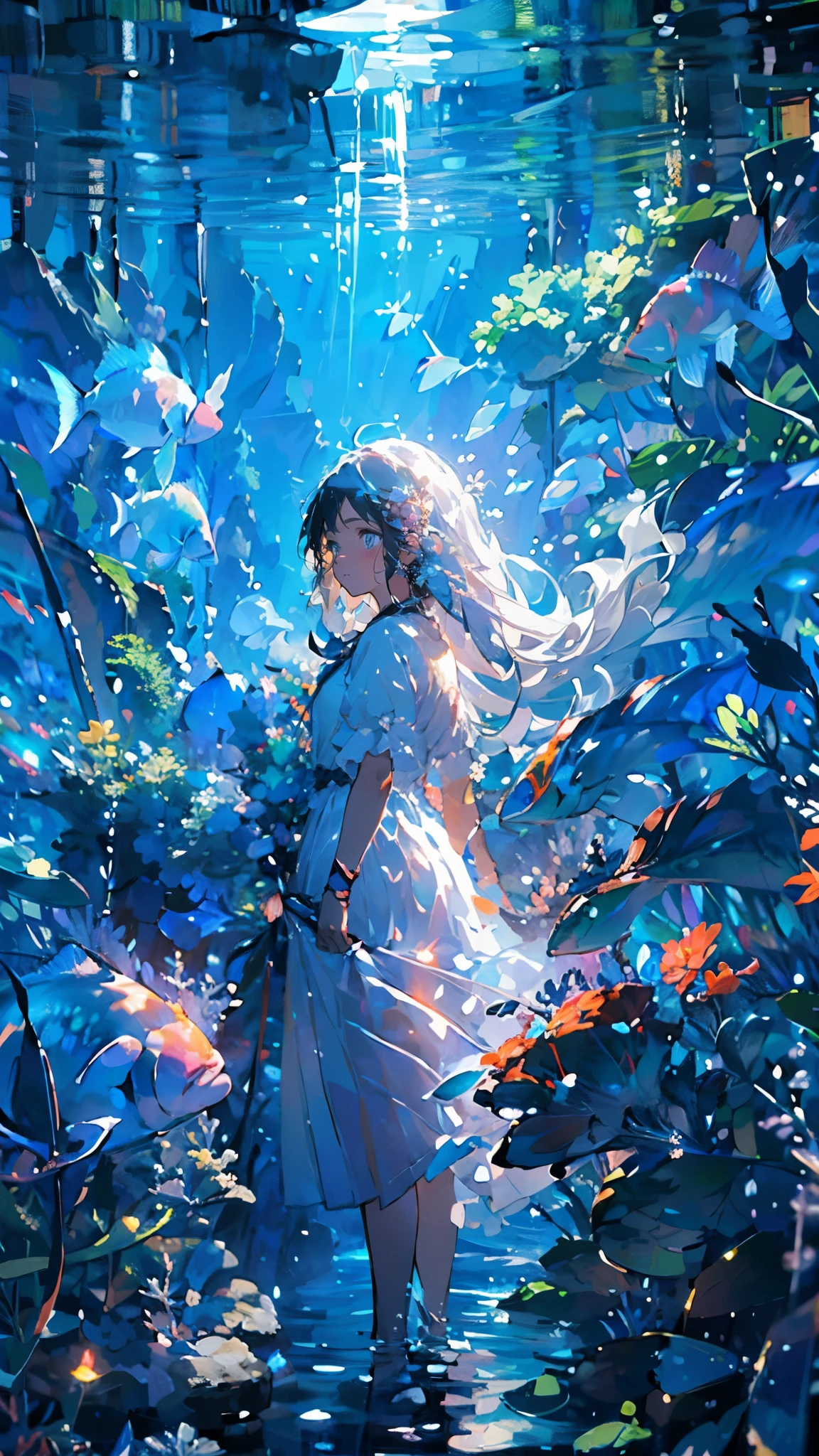 (Pianfei), (best quality), Very detailed, 1 girl, perfect face, (Full body photo of the individual:1.3), Very detailed顔,(long white hair:1.5),(blue eyes:1.4),(In the water:1.4),(white dress:1.5),ocean,coral reef,Small schools of fish,Light,bubble,jellyfish,ocean藻,(深ocean:1.4),fantasy,ocean底,float,((panoramic)), (elegant work of art), best quality, high resolution, (Ultra-detailed), anatomically correct, ultra high definition, textured skin,Use pointillism to depict images, Carefully placed small dots of color create a cohesive and visually stunning whole.