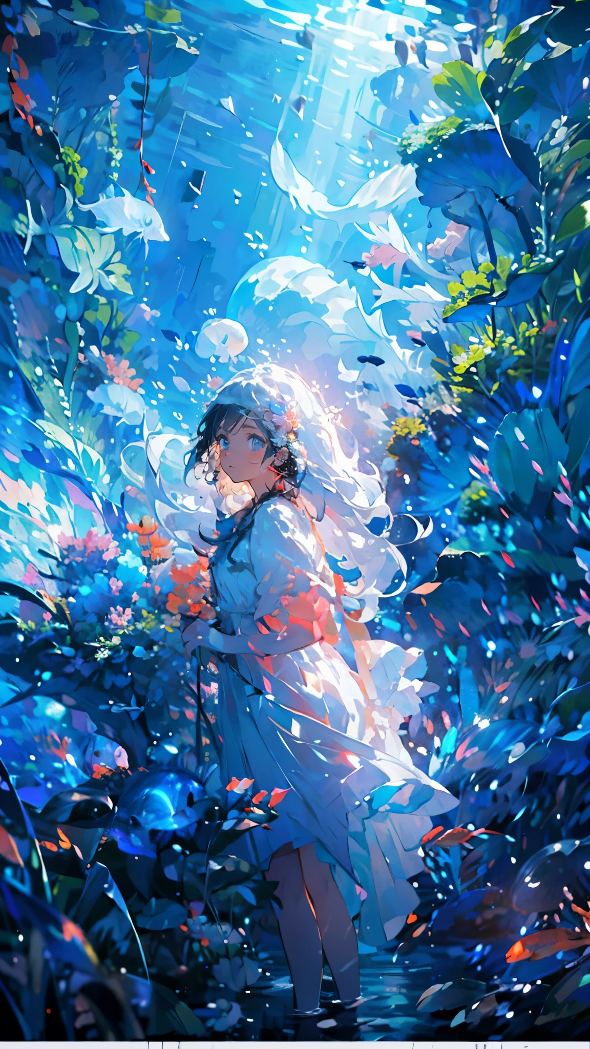 (Pianfei), (best quality), Very detailed, 1 girl, perfect face, (Full body photo of the individual:1.3), Very detailed顔,(long white hair:1.5),(blue eyes:1.4),(In the water:1.4),(white dress:1.5),ocean,coral reef,Small schools of fish,Light,bubble,jellyfish,ocean藻,(深ocean:1.4),fantasy,ocean底,float,((panoramic)), (elegant work of art), best quality, high resolution, (Ultra-detailed), anatomically correct, ultra high definition, textured skin,Use pointillism to depict images, Carefully placed small dots of color create a cohesive and visually stunning whole.