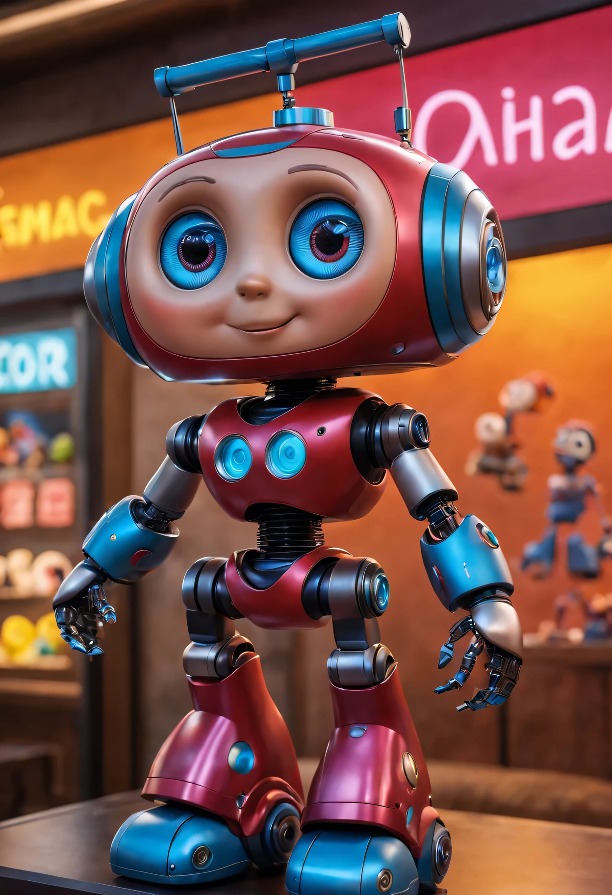 (best quality,4k,8k,high resolution,masterpiece:1.2),Super detailed,(actual,photoactual,photo-actual:1.37),Pixar style mechanical robot doll in display case,Playful and vibrant colors,showcase lighting,Careful and detailed facial expressions,Expressive and dynamic eyes,Cute and endearing smile,shiny metal body,Complex details,Dynamic and movable joints,Made of durable and high-quality materials,A whimsical and imaginative atmosphere,elevated on pedestal,Decorated with colorful、playful decorations,capturing the attention of onlookers,Background displays the iconic Pixar logo,Attract collectors and fans of all ages,Create a sense of nostalgia and wonder,Seeking to inspire creativity and joy in audiences