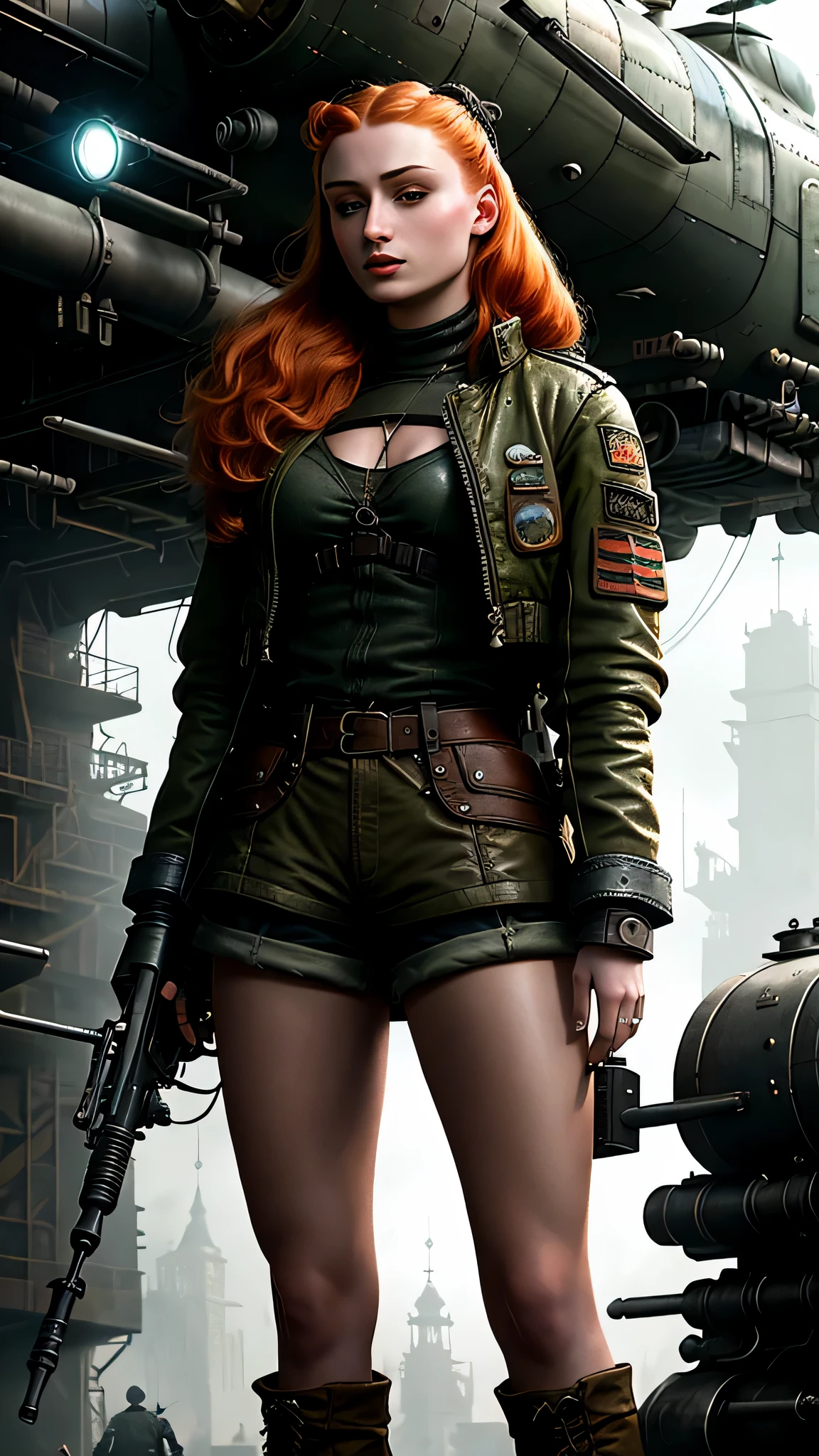 dieselpunkai, ((Sophie Turner)) as Sansa Stark, dieselpunk ginger ponytail, dieselpunk khaki military jacket, cleavage, mini shorts, sneakers, standing near a dieselpunk helicopter, 1woman, solo, beautiful detailed glow, detailed, cinematic light, intricate detail, realistic, highres, detailed facial features, high detail, sharp focus, smooth, aesthetic, extremely detailed, stamp, octane render