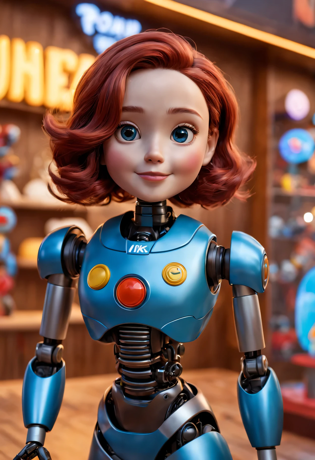 (best quality,4k,8k,high resolution,masterpiece:1.2),Super detailed,(actual,photoactual,photo-actual:1.37),Pixar style mechanical robot doll in display case,Playful and vibrant colors,showcase lighting,Careful and detailed facial expressions,Expressive and dynamic eyes,Cute and endearing smile,shiny metal body，Complex details,Dynamic and movable joints,Made of durable and high-quality materials,A whimsical and imaginative atmosphere,elevated on pedestal,Decorated with colorful、playful decorations,capturing the attention of onlookers,Background displays the iconic Pixar logo,Attract collectors and fans of all ages,Create a sense of nostalgia and wonder,Seeking to inspire creativity and joy in audiences