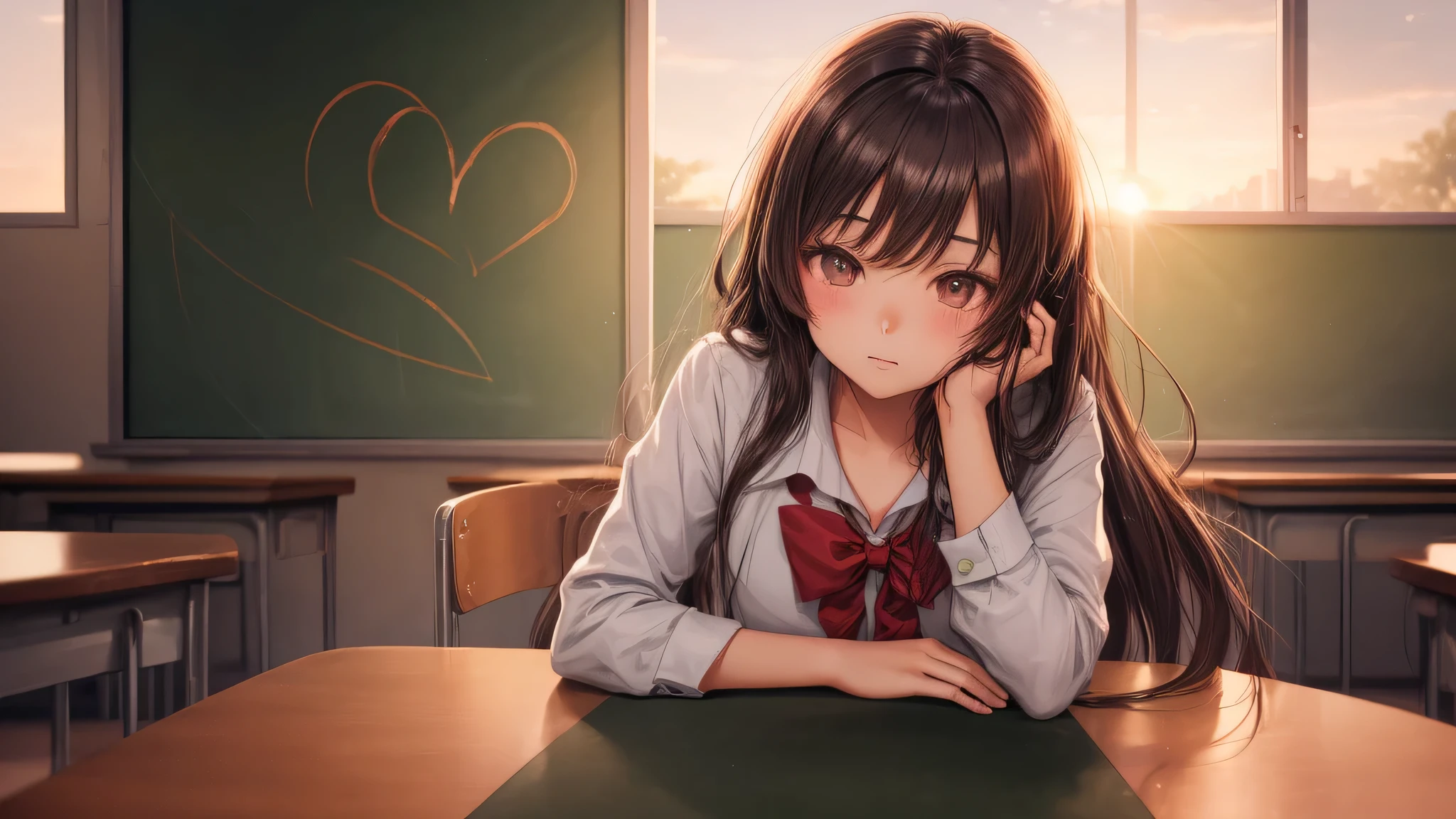 (1young girl:1.3), long hair, brown eyes, model, Enchanting, Sublime,  indoors, (Bokeh), (anime , anime illustration), school, classroom, eraser, sunset, alone, (heart shape drawn with chalk, Heart shape written on a blackboard:1.2),