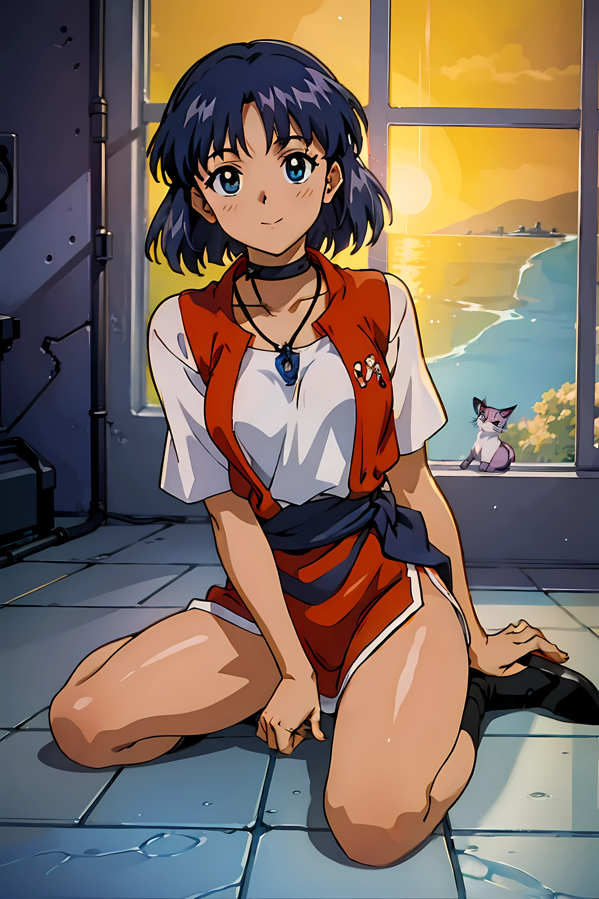 (highest quality:1.3),(ultra-be familiar with:1.5),High resolution,extremely be familiar with CG,unity 8k wallpaper,official art,be familiar with,super be familiar with skin,perfect anatomy,beautiful be familiar with eyes,(anime screenshot:1.5),very delicate and beautiful,90s anime,90s anime style,cel shaded anime,1 girl,alone, ((nadia arwal:1.52)),(Ammar,evangelion anime style:1.37),black skin,fine skin,dark purple hair, White Bando Swimsuit, red vest,Gold collar, Necklace with large light blue gemstones, looking at the viewer, smile,maritime