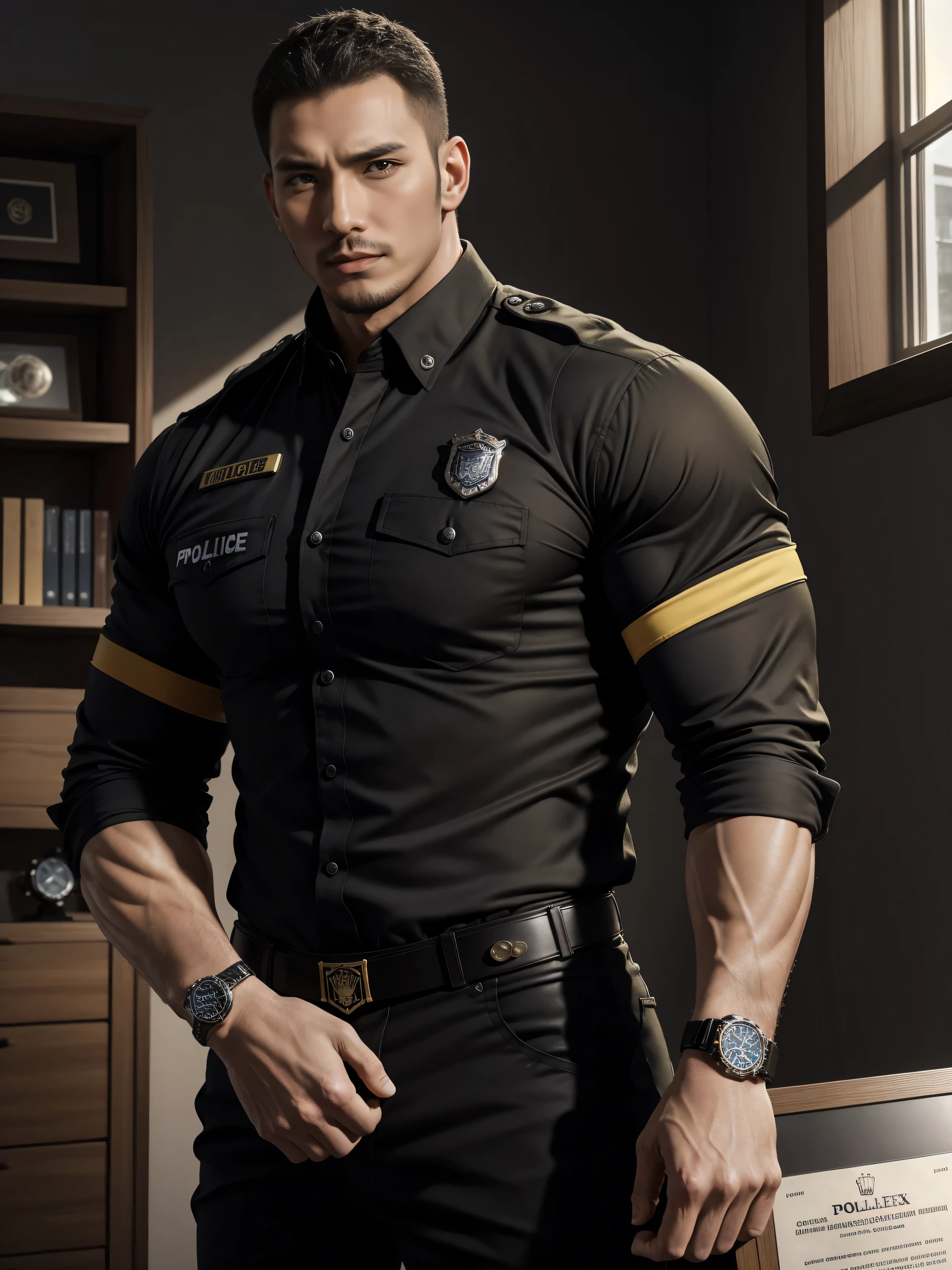 Tall giant muscular肌肉男警官,Yellow and black striped long-sleeved police uniform,Wear it over a shirt,police certificate,Rolex watches,character concept(Resident Evil - chris redfield,chris redfield)proud expression,Deep and charming eyes,heroic male pose,高大burly,muscular!muscular大腿,tough guy,perfect facial features,High, burly, Heqiang, Super gain and cool, high resolution committee,Charming strong man,The bright sunshine shines on you through the window