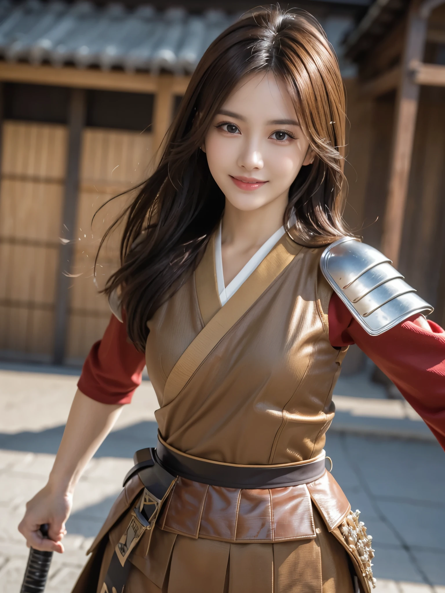 masutepiece, Best Quality, Photorealistic, Ultra-detailed, finely detail, High resolution, 8K Wallpaper, 1 beautiful woman,, light brown messy hair, in a samurai armor,carrying a katana,Perfect dynamic composition, Beautiful detailed eyes, detailed hairs, Detailed realistic skin texture, Smiling, Model body type,standing on a street