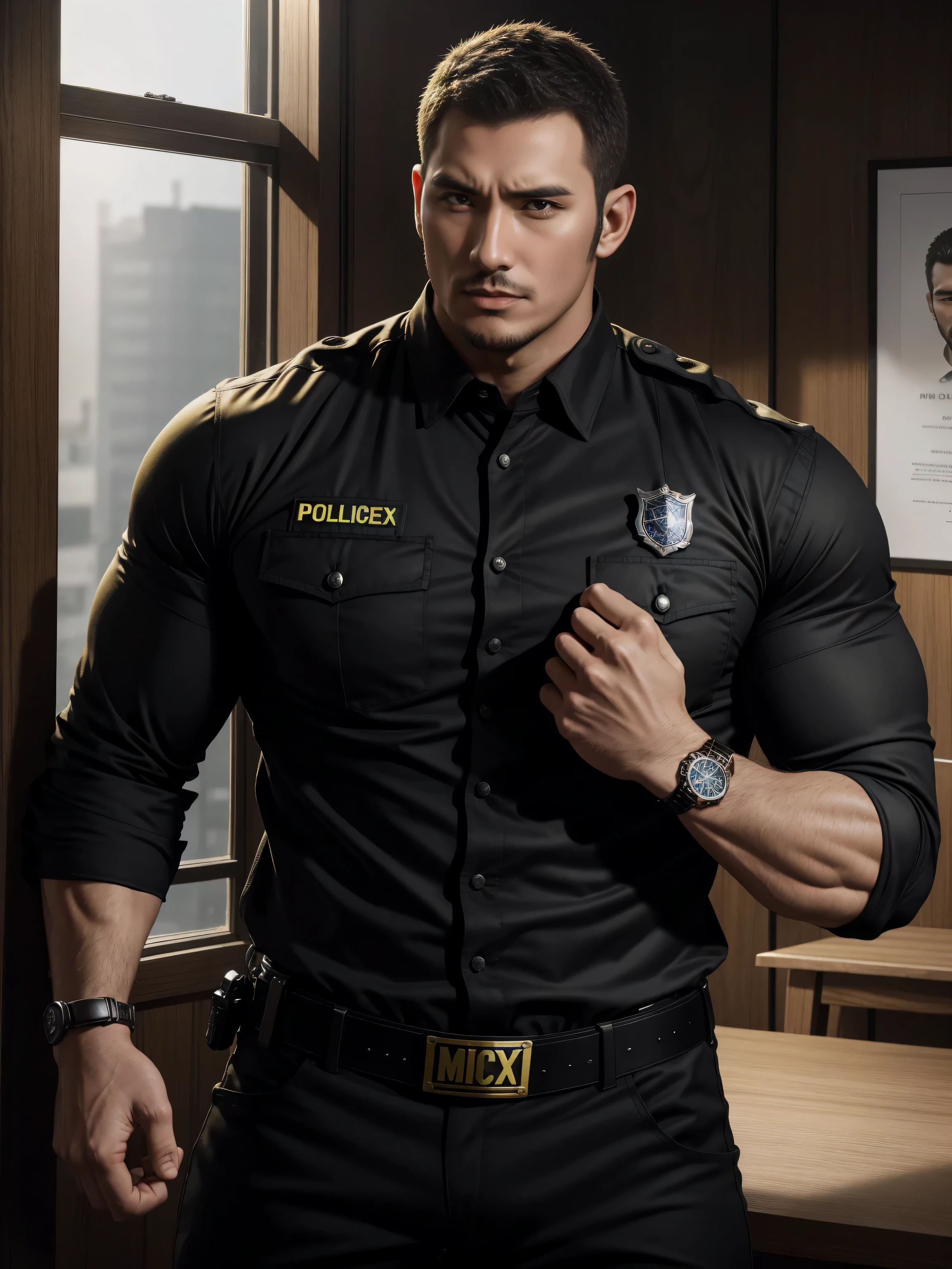 Tall giant muscular肌肉男警官，Yellow and black striped long-sleeved police uniform，Wear it over a shirt，police certificate，Rolex watches，character concept（Resident Evil - chris redfield，chris redfield）proud expression，Deep and charming eyes，heroic male pose，高大burly，muscular！muscular大腿，tough guy，perfect facial features，High, burly, Heqiang， Super gain and cool， high resolution committee，Charming strong man，The bright sunshine shines on you through the window