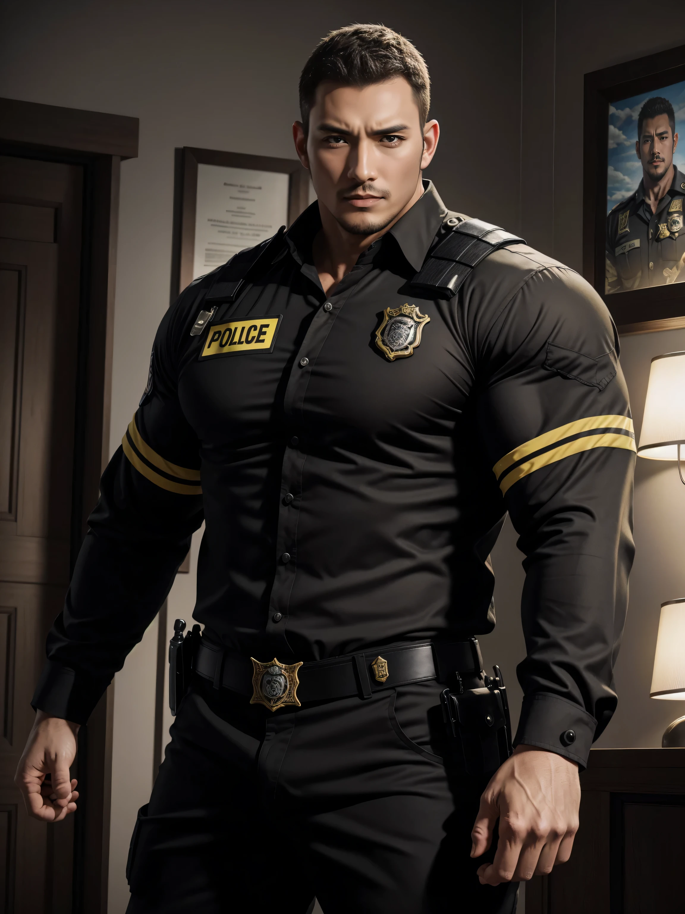 Tall giant muscular肌肉男警官，Yellow and black striped long-sleeved police uniform，Wear it over a shirt，police certificate，There are frescoes on the walls，character concept（Resident Evil - chris redfield，chris redfield）proud expression，Deep and charming eyes，heroic male pose，高大burly，muscular！muscular大腿，tough guy，perfect facial features，High, burly, Heqiang， Super gain and cool， high resolution committee，Charming strong man，The bright sunshine shines on you through the window