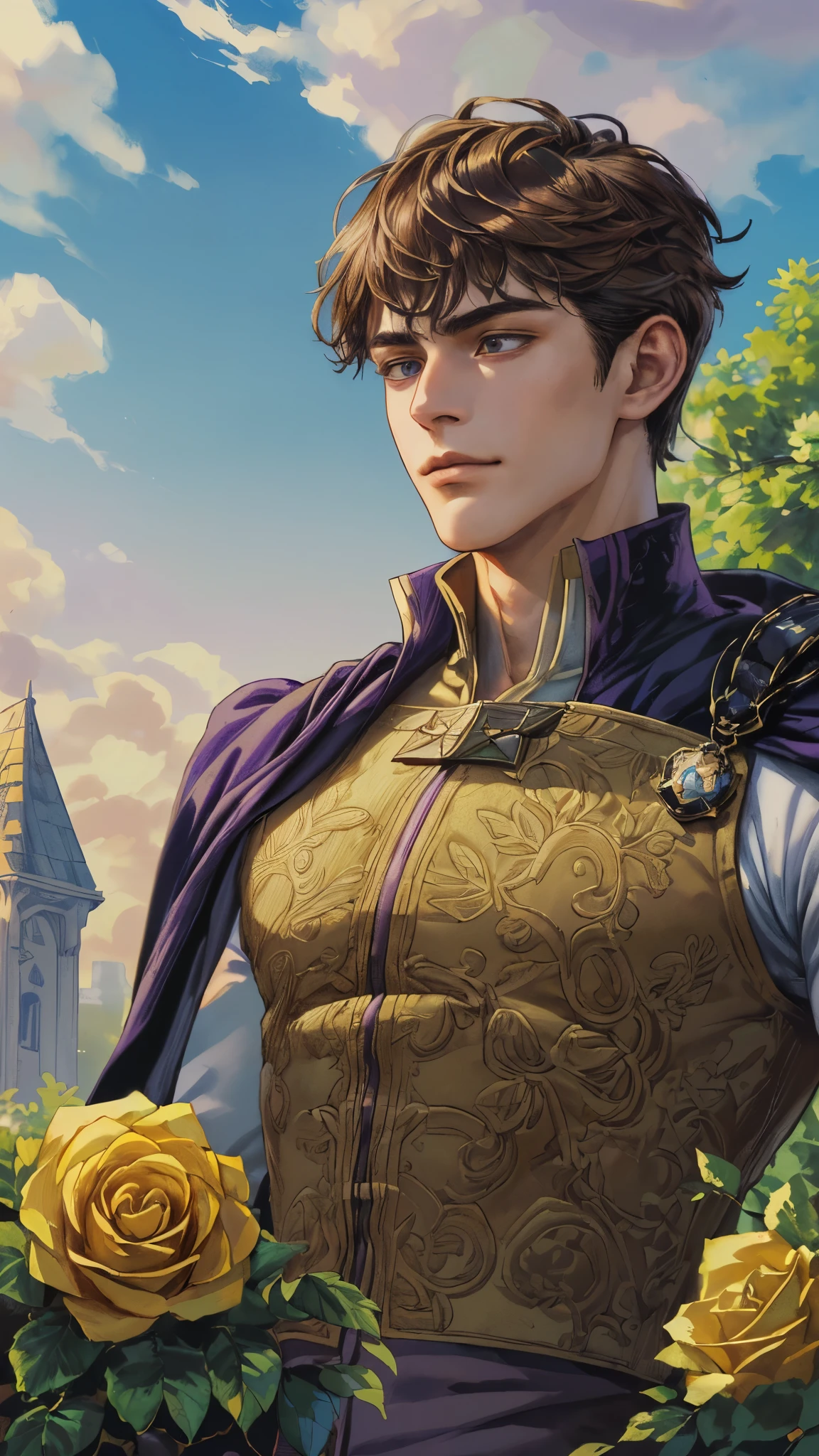 ((absurdres, highres, ultra detailed), 1 boy, young boy, handsome boy villain character from witch academia, detailed hair with detailed headgear ornaments, detailed short hair, anime eyes, bangs, detailed mage clothes with brown cape with little purple details showing, showing chest on creases, crop top, finely detailed eyes red details showing and detailed face, smirk, dimples, extremely detailed CG unity 8k wallpaper, blue details on side, intricate details yellow details on left, portrait, ruin of pink roses, market theme, showing lot of skin, from below, 1:1 , eyes on viewer, detailed houses town scenery background