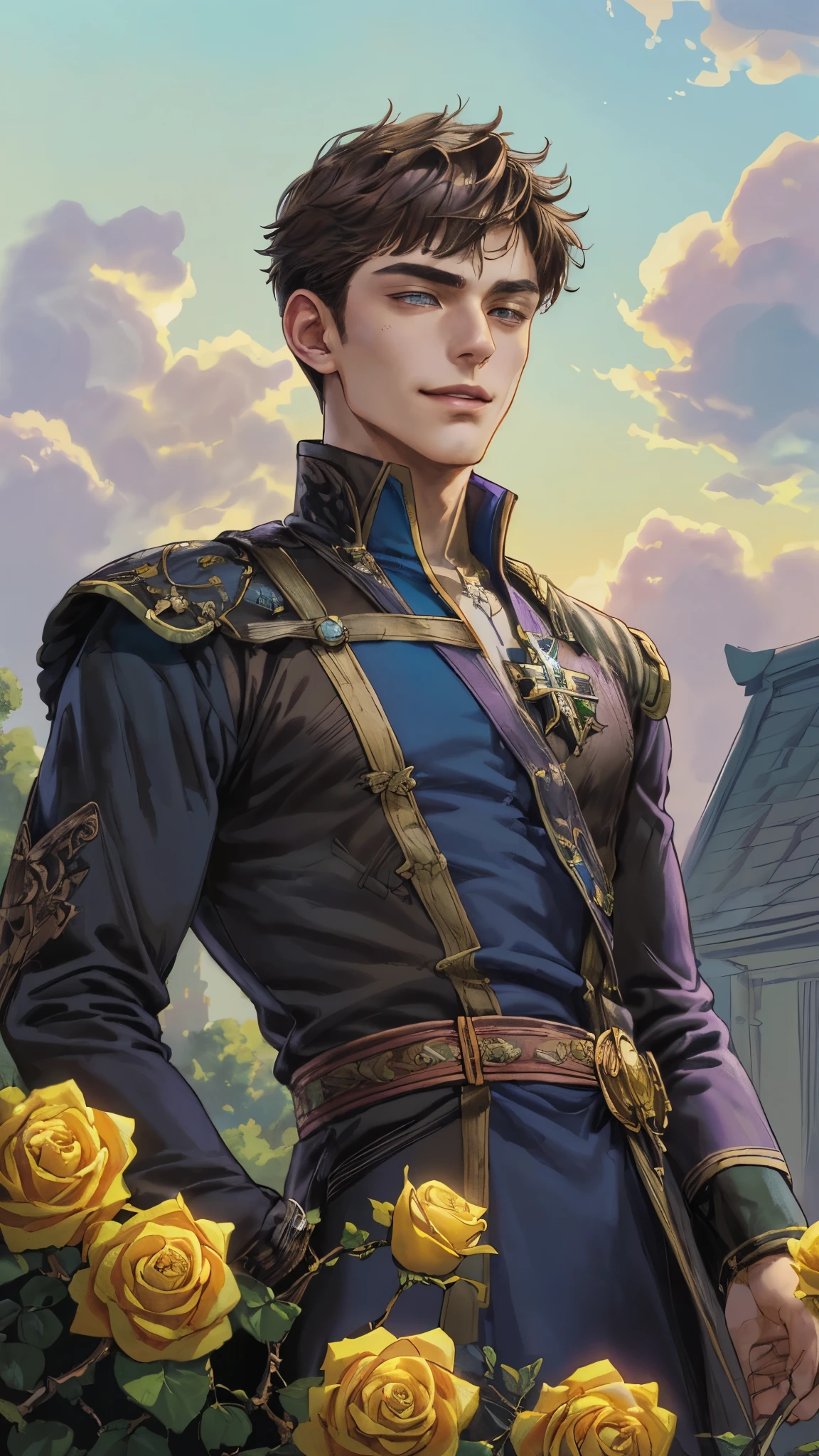 ((absurdres, highres, ultra detailed), 1 boy, young boy, handsome boy villain character from witch academia, detailed hair with detailed headgear ornaments, detailed short hair, anime eyes, bangs, detailed mage clothes with brown cape with little purple details showing, showing chest on creases, crop top, finely detailed eyes red details showing and detailed face, smirk, dimples, extremely detailed CG unity 8k wallpaper, blue details on side, intricate details yellow details on left, portrait, ruin of pink roses, market theme, showing lot of skin, from below, 1:1 , eyes on viewer, detailed houses town scenery background