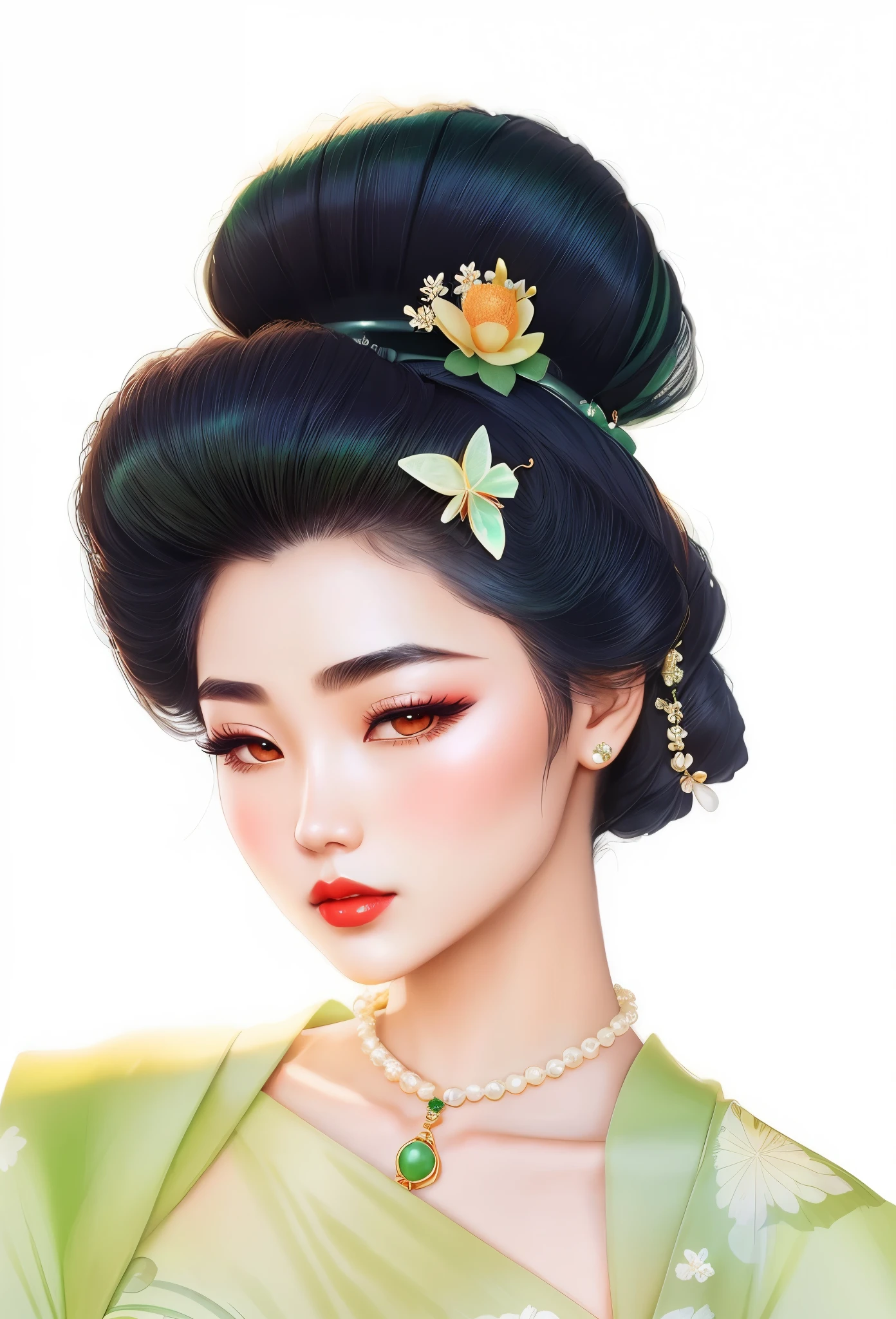 Alaphid Asian woman wearing green dress and floral comb, pearl necklace，jade buckle pendant，Hairpin，Butterfly，Delicate hair，Curved thin eyebrows，red lips，flowing hair
