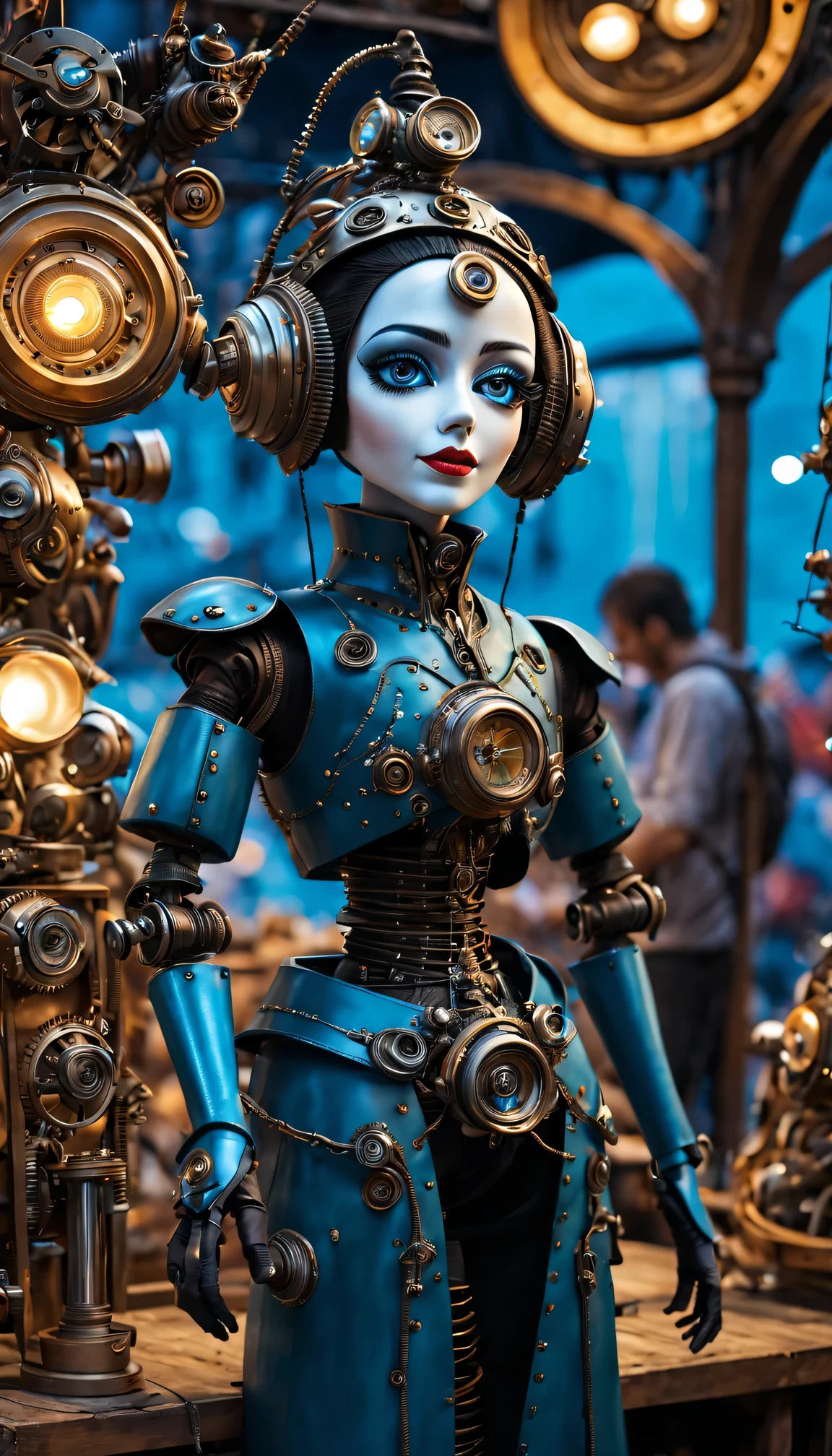 (best quality,4k,8k,high resolution,masterpiece:1.2),Super detailed,(actual,photoactual,photo-actual:1.37),Biomechanically futuristic mechanical puppets on the market,metallic feel,crowded atmosphere,bustling market,steampunk style,blue tint,Soft ambient lighting,Gorgeous puppet details,Mechanical gears and joints,otherworldly appearance,Stunningly intricate designs,Elaborate puppet face,Uniquely expressive eyes,Complex articulated mechanical limbs,Elaborate puppet costumes,Market stalls crowded with curious onlookers,The shop owner displays exquisite puppet works,Vibrant、Vibrant market scene,The interplay of shadows and reflections,shiny metal surface,Engaging interactive puppet show,Whimsical and extraordinary performances,An immersive fusion of art and technology,A stunning blend of fantasy and reality,Seamless integration of futuristic elements and traditional craftsmanship,Create mesmerizing visual spectacles.
