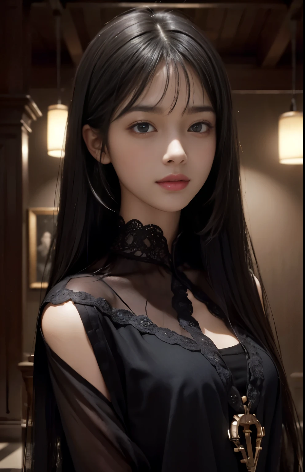 (surreal), (figure), (Improved resolution), (8k), (very detailed), (Best figure), (beautiful and detailed eyes), (highest quality), (super detailed), (masterpiece ), ( wallpaper), (detailed face), alone, 1 girl, looking at the viewer, small details, detailed face, in the dark, deep shadow, discreet key, Pure erotic face ace_v1, smile, long hair, black shawl straight hair , 46 point diagonal bangs