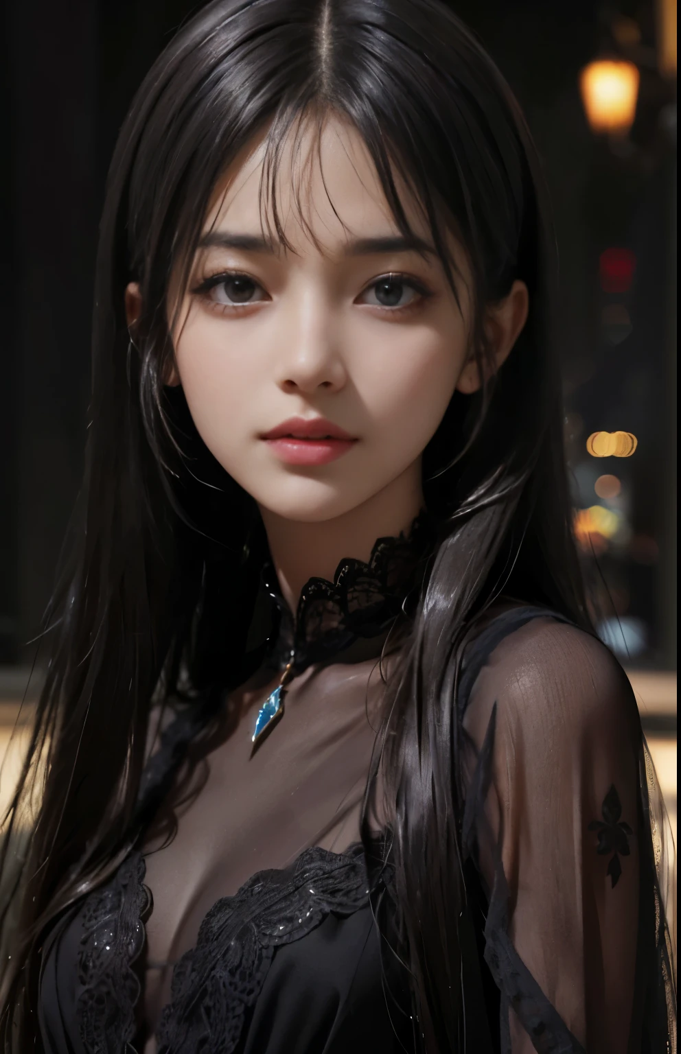 (surreal), (figure), (Improved resolution), (8k), (very detailed), (Best figure), (beautiful and detailed eyes), (highest quality), (super detailed), (masterpiece ), ( wallpaper), (detailed face), alone, 1 girl, looking at the viewer, small details, detailed face, in the dark, deep shadow, discreet key, Pure erotic face ace_v1, smile, long hair, black shawl straight hair , 46 point diagonal bangs