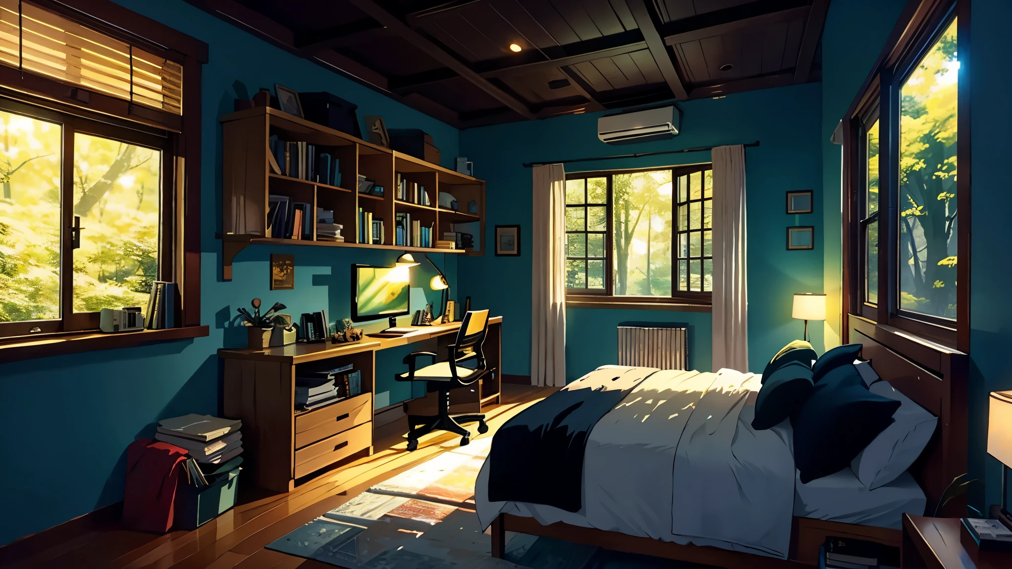 A cozy room, a table, a bed, a lot of books, paintings, a view from the window of a forest, a sea, happiness, full-color, multi-colored, artificial, the highest detail, super quality, small details, highlights, neon lights, a masterpiece
