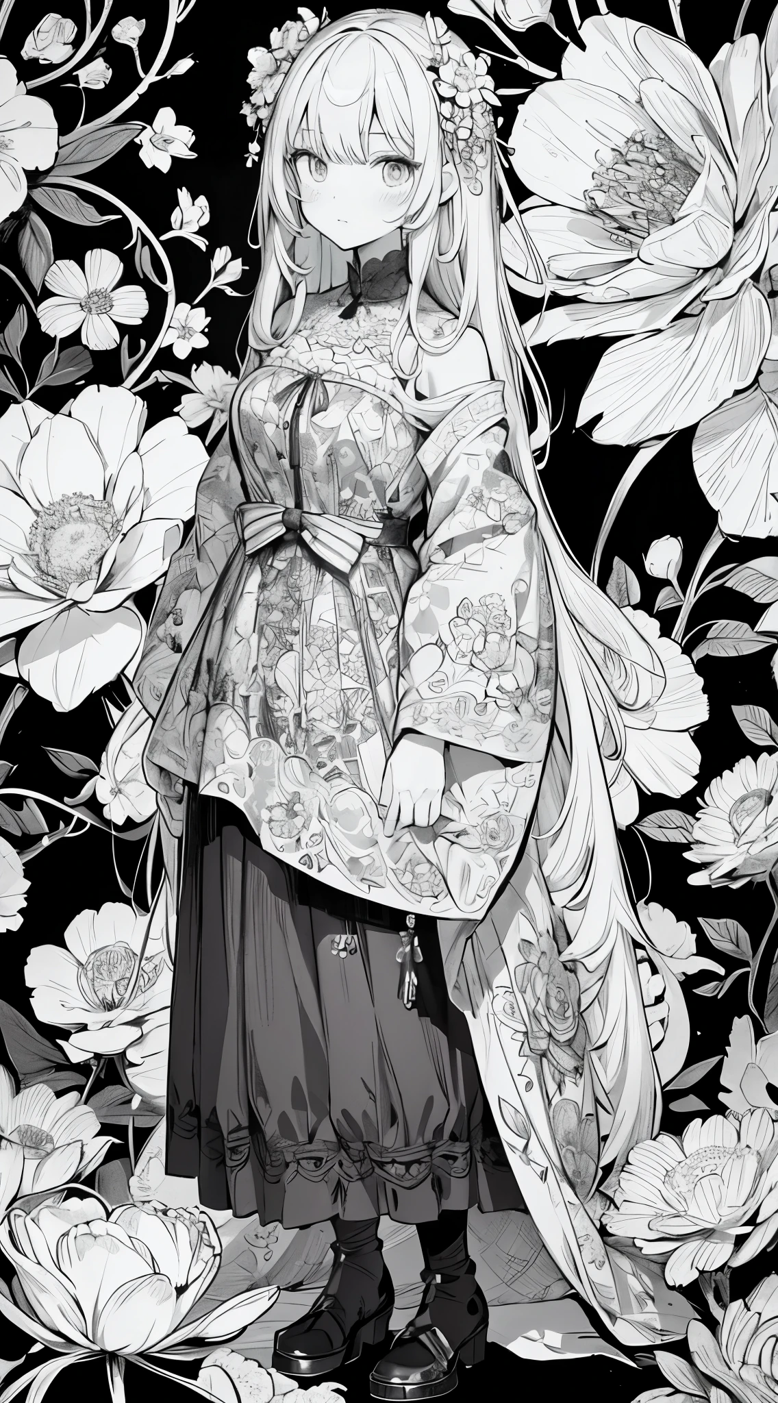 A doll wearing a dress surrounded by flowers and flowers, girl in flowers, extremely fine ink line art, detailed manga style, line art coloring page, black and white coloring, manga style, coloring page, girl made of flowers, complex caricature drawing, exquisite line art, detailed line art, ink caricature drawing, manga illustration, covered with flowers