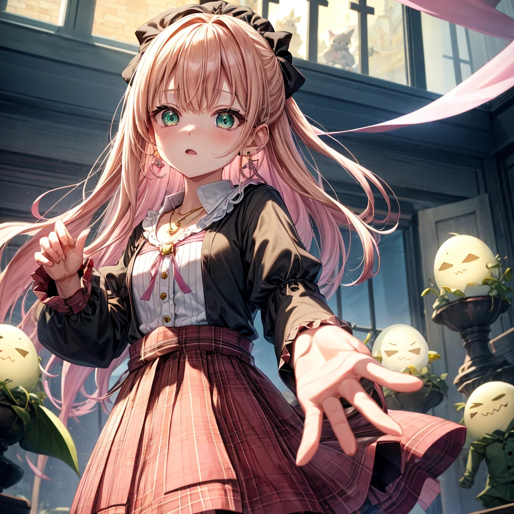 pink blonde、green eyes、one good looking girl、solo、anime、plaid mini skirt、the skirt has buttons、black camisole、black t-shirt、dress、wearing a ribbon、ribbon at waist、cloak、hood、clouds are swirling、stone slabs are piled up、one hand raised、crystal earrings、vegetable garden、monster castle、ceiling、golden key、jewelry necklace、Light and shadow、window、Hundreds of Ghosts at Night