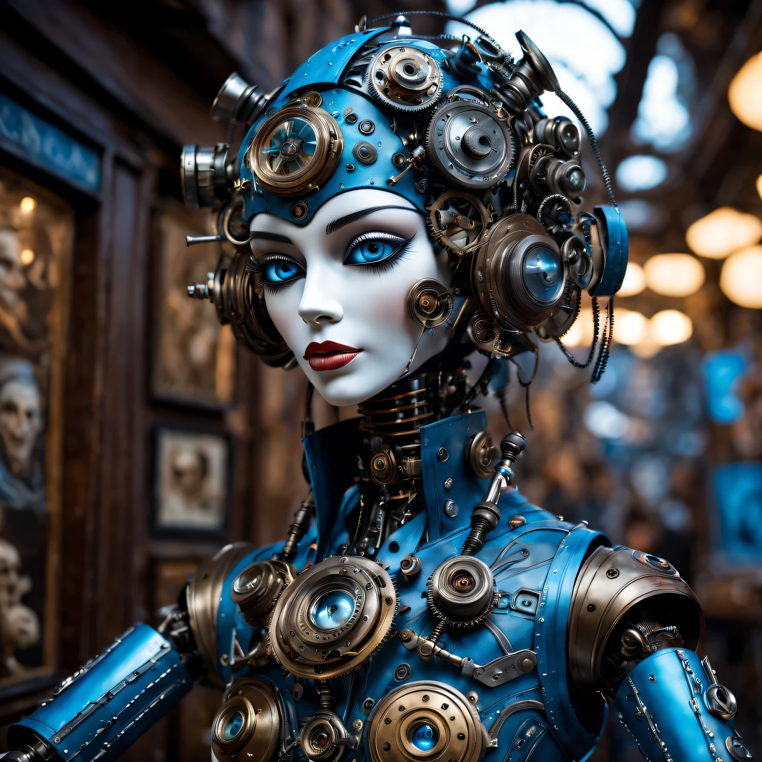 (best quality,4k,8k,high resolution,masterpiece:1.2),Super detailed,(actual,photoactual,photo-actual:1.37),Biomechanical futuristic mechanical puppets on the market,metallic feel,steampunk style,blue tint,Soft ambient lighting,Gorgeous puppet details,Mechanical gears and joints,otherworldly appearance,Stunningly intricate designs,Elaborate puppet face,Uniquely expressive eyes,Complex articulated mechanical limbs,Elaborate puppet costumes,Vibrant、Vibrant market scene,The interplay of shadows and reflections,shiny metal surface,An immersive fusion of art and technology,A stunning blend of fantasy and reality,Seamless integration of futuristic elements and traditional craftsmanship,Create mesmerizing visual spectacles.