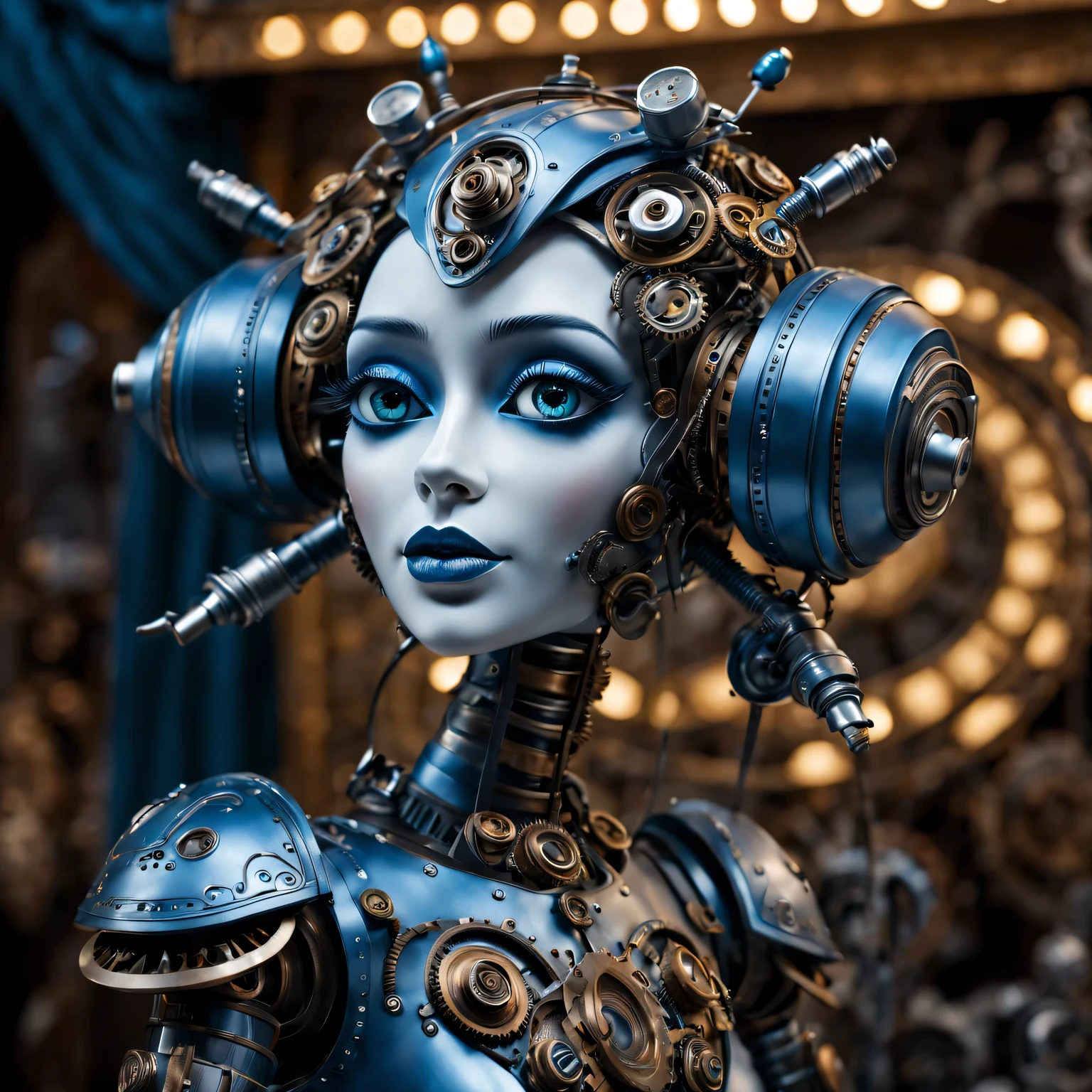 (best quality,4k,8k,high resolution,masterpiece:1.2),Super detailed,(actual,photoactual,photo-actual:1.37),Biomechanical futuristic mechanical puppets on the market,metallic feel,steampunk style,blue tint,Soft ambient lighting,Gorgeous puppet details,Mechanical gears and joints,otherworldly appearance,Stunningly intricate designs,Elaborate puppet face,Uniquely expressive eyes,Complex articulated mechanical limbs,Elaborate puppet costumes,Vibrant、Vibrant market scene,The interplay of shadows and reflections,shiny metal surface,An immersive fusion of art and technology,A stunning blend of fantasy and reality,Seamless integration of futuristic elements and traditional craftsmanship,Create mesmerizing visual spectacles.