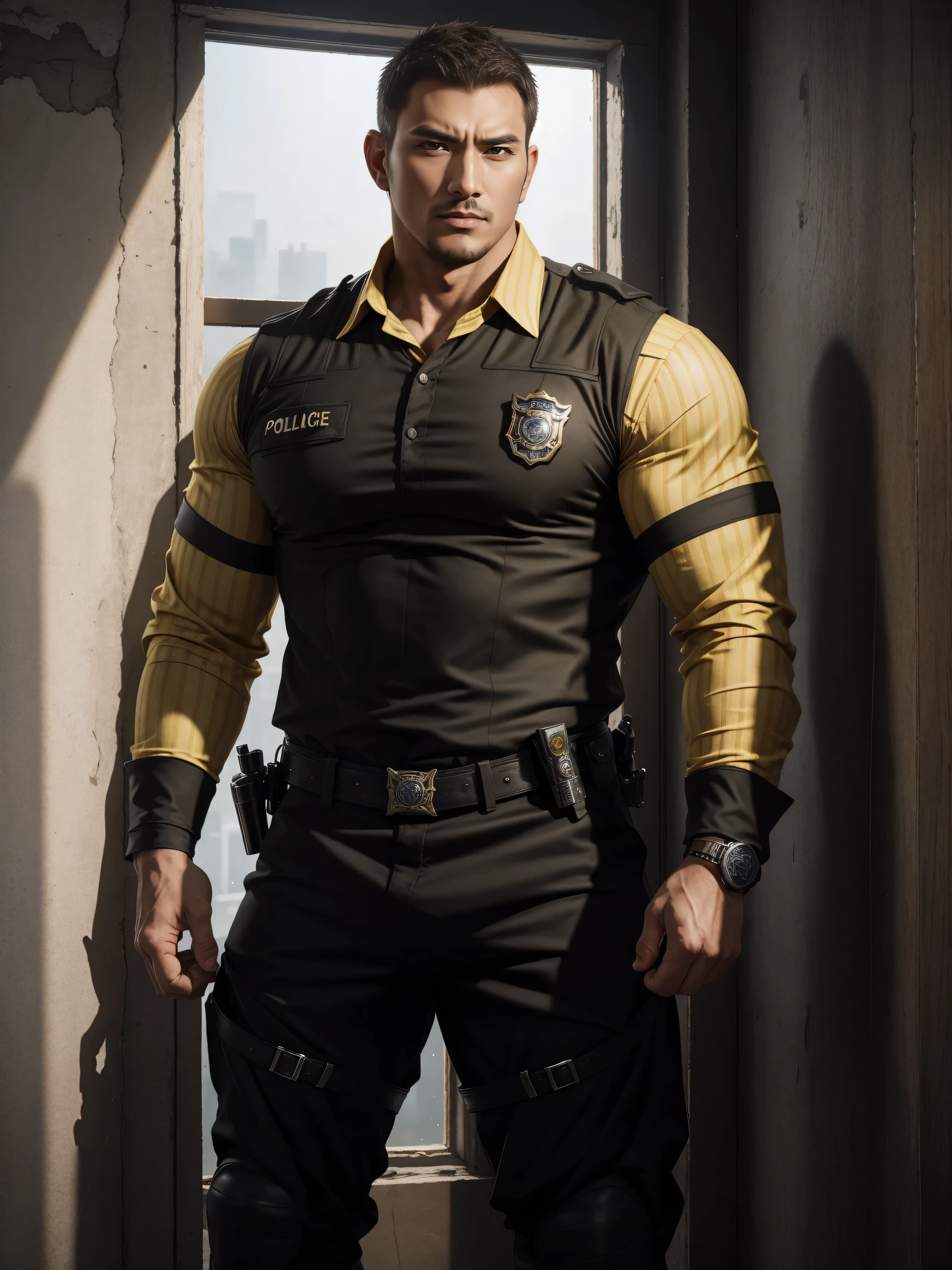 Tall giant muscular肌肉男警官,Yellow and black striped long-sleeved police uniform,Wear it over a shirt,police certificate,There are frescoes on the walls,character concept(Resident Evil - chris redfield,chris redfield)proud expression,Deep and charming eyes,heroic male pose,高大burly,muscular!muscular大腿,tough guy,perfect facial features,High, burly, Heqiang, Super gain and cool, high resolution committee,Charming strong man,The bright sunshine shines on you through the window