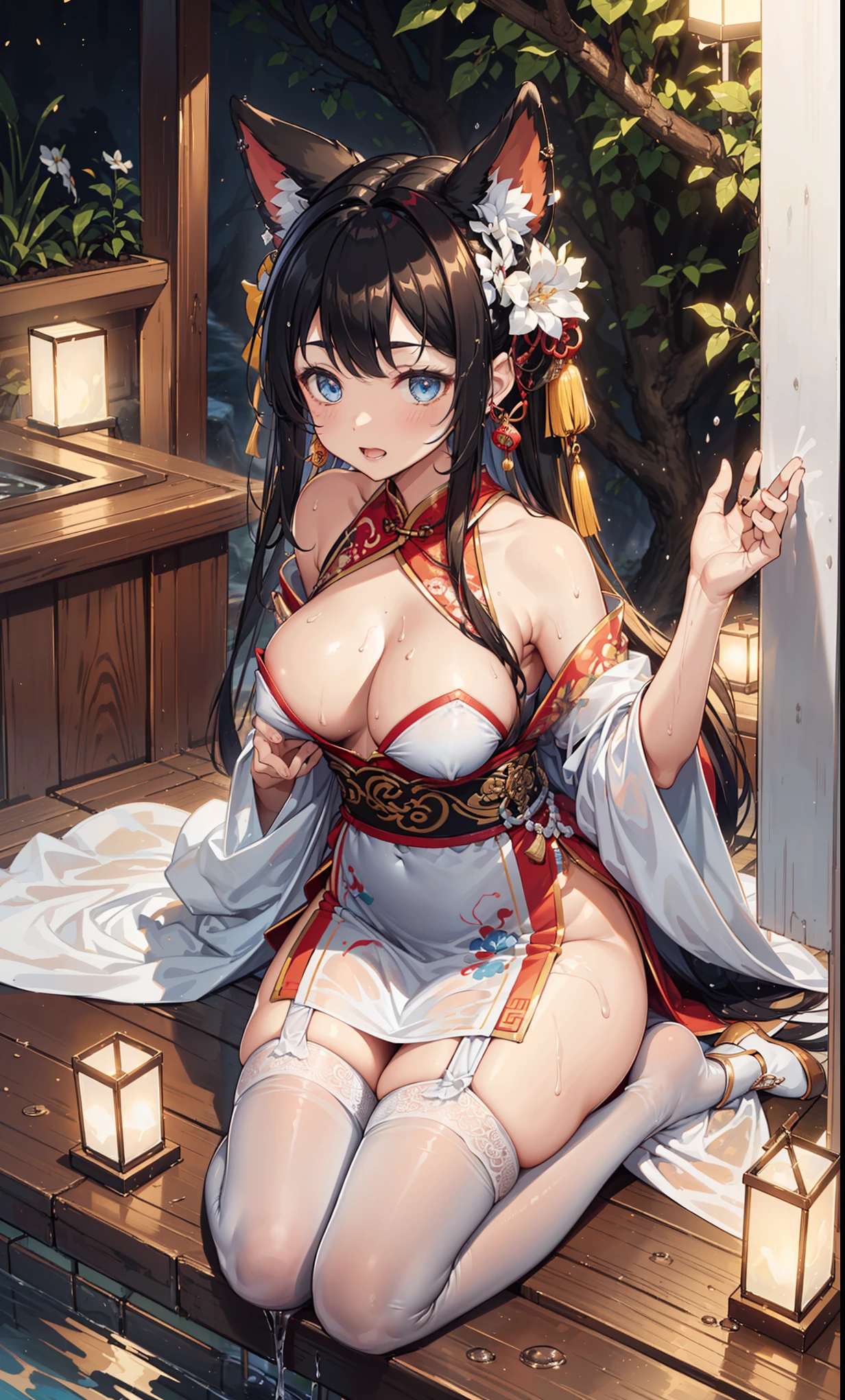 top quality,best resolution,(Drenched white long cheongsam),Super detailed, She has a white twin tail,20-year-old young girl,charm,Design intricate clothes,blue eyes,she has earrings, wealth,gorgeous,Vision, Vision,Elegant and charming,Mildly curvy figure,((White transparent garter stockings)),((Wet people,The background is an ancient Chinese hot spring)),night,little lighting,charm的姿势