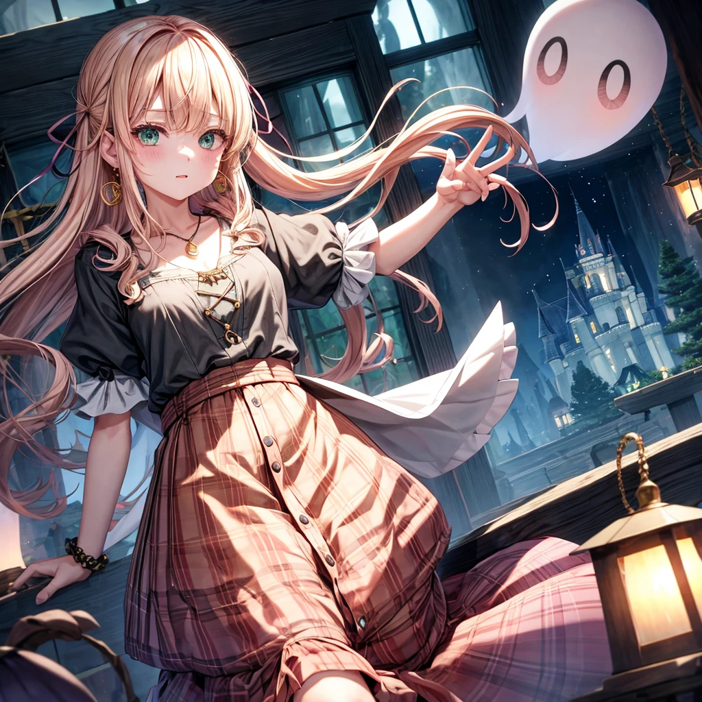 pink blonde、green eyes、one good looking girl、solo、anime、plaid mini skirt、the skirt has buttons、black camisole、black t-shirt、dress、wearing a ribbon、ribbon at waist、cloak、hood、clouds are swirling、stone slabs are piled up、one hand raised、crystal earrings、vegetable garden、monster castle、ceiling、golden key、jewelry necklace、Light and shadow、window、Hundreds of Ghosts at Night