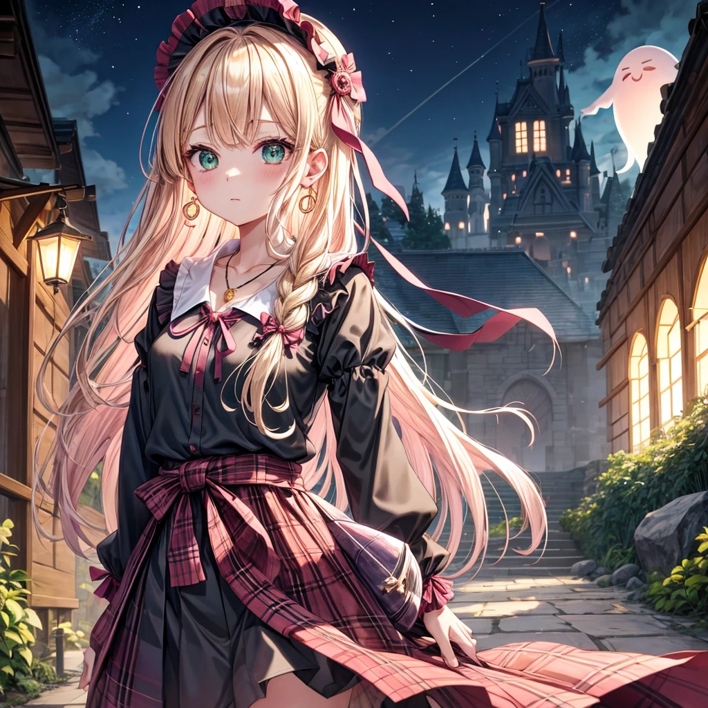 pink blonde、green eyes、one good looking girl、solo、anime、plaid mini skirt、the skirt has buttons、black camisole、black t-shirt、dress、wearing a ribbon、ribbon at waist、cloak、hood、clouds are swirling、stone slabs are piled up、one hand raised、crystal earrings、vegetable garden、monster castle、ceiling、golden key、jewelry necklace、Light and shadow、window、Hundreds of Ghosts at Night