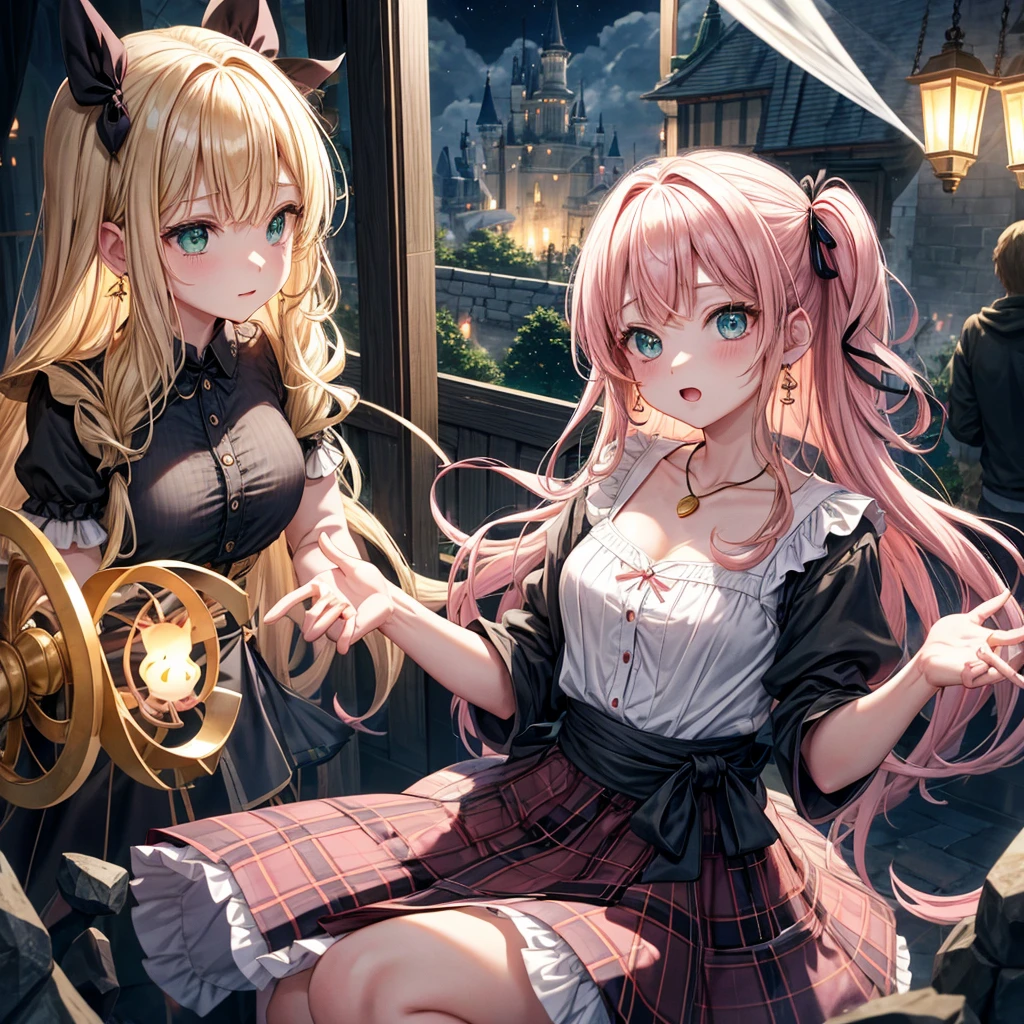 pink blonde、green eyes、one good looking girl、solo、anime、plaid mini skirt、the skirt has buttons、black camisole、black t-shirt、dress、wearing a ribbon、ribbon at waist、cloak、hood、clouds are swirling、stone slabs are piled up、one hand raised、crystal earrings、vegetable garden、monster castle、ceiling、golden key、jewelry necklace、Light and shadow、window、Hundreds of Ghosts at Night