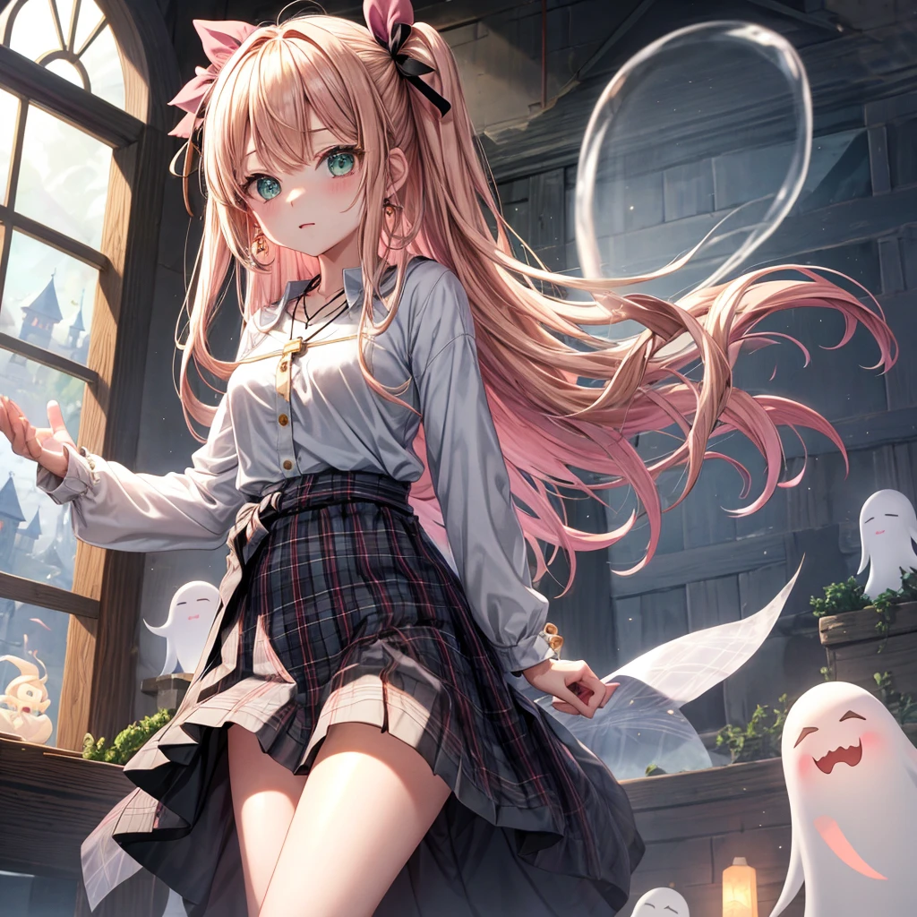 pink blonde、green eyes、one good looking girl、solo、anime、plaid mini skirt、the skirt has buttons、black camisole、black t-shirt、dress、wearing a ribbon、ribbon at waist、cloak、hood、clouds are swirling、stone slabs are piled up、one hand raised、crystal earrings、vegetable garden、monster castle、ceiling、golden key、jewelry necklace、Light and shadow、window、Hundreds of Ghosts at Night