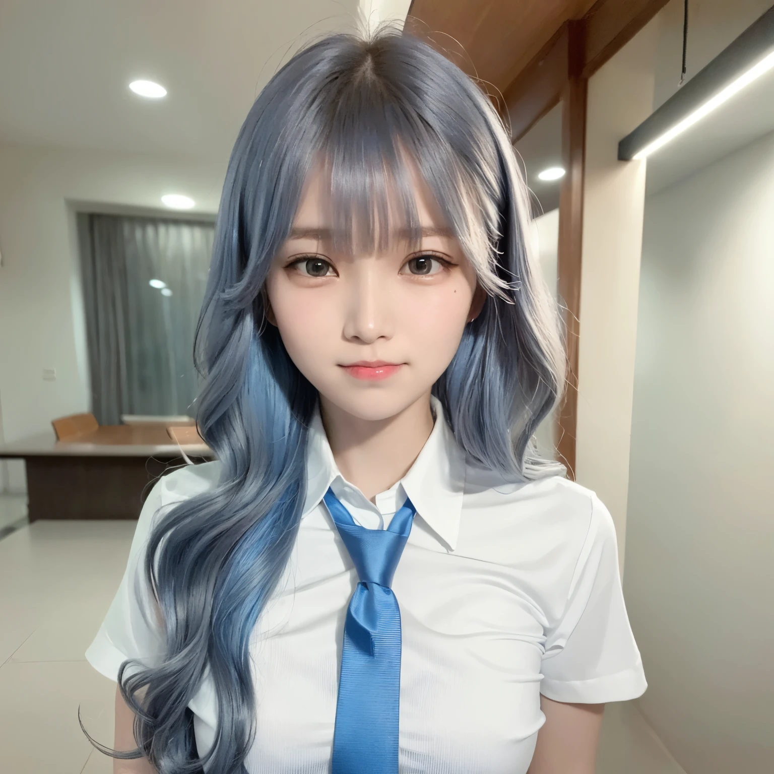 best quality, ultra high res, (photorealistic1.4), 1girl, (white shirt), (light blue necktie), (blue wavy long hair:1.3), bangs, glowing eyes, smile, ((puffy eyes)), ((upper body)), (((looking at viewer))), ((closeup)), wearing indonesian high school uniform, indo highschool uniform,