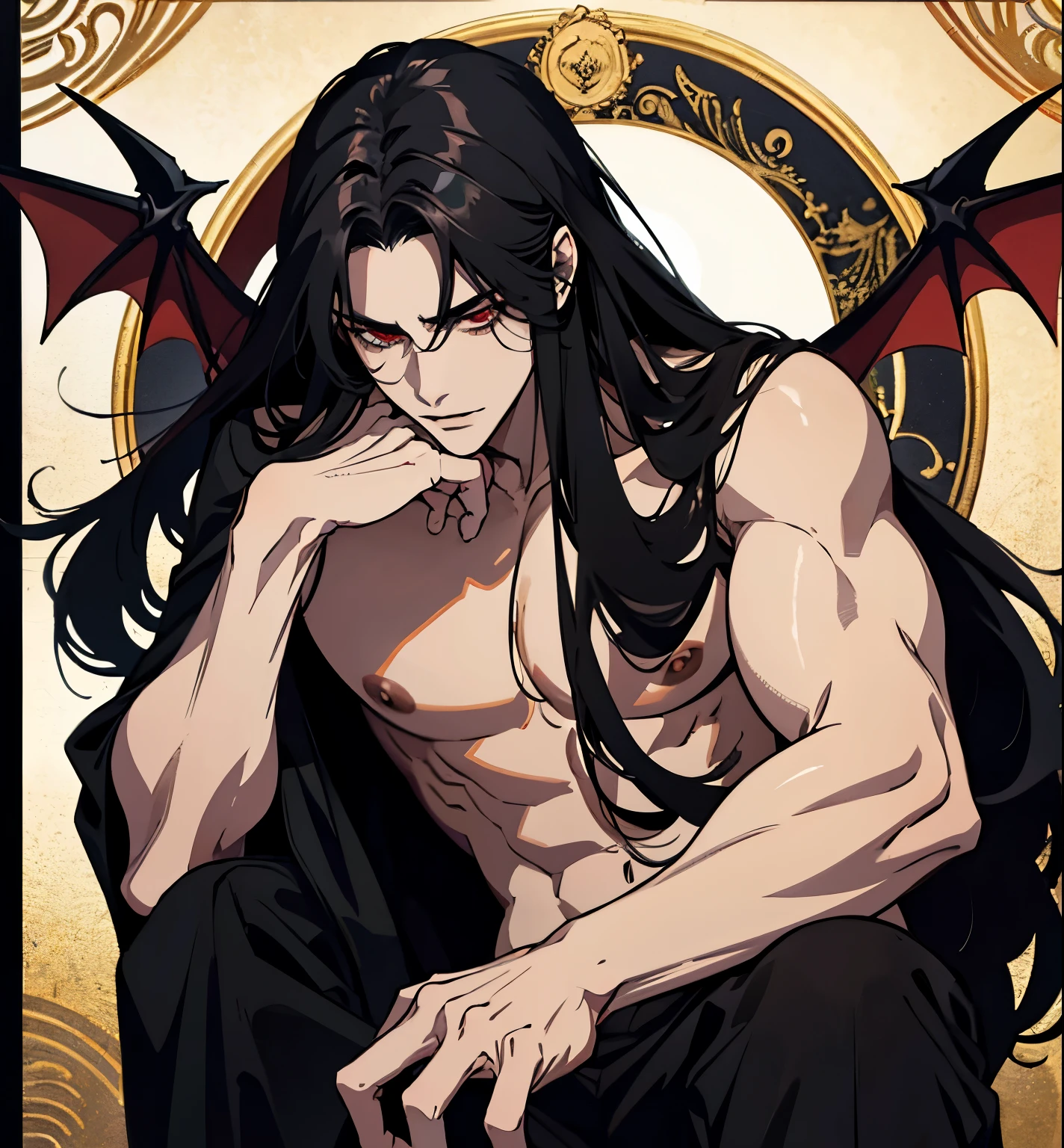 black hair, alucard, full body, 1 beautiful male god of death, detailed anime character art, male vampire of clan banu haqim, l vampire, with his long black hair, androgynous vampire, detailed 25 year old male face, ultra realistic anime, red eyes, no emotions, INTJ, intelligent, sexy, attractive, full body, tongle, no clothes, no shirt, adult content, on the bed