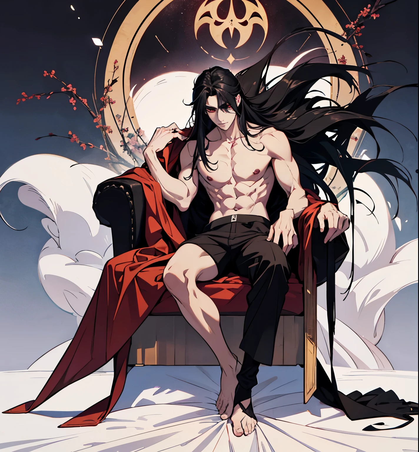 black hair, alucard, full body, 1 beautiful male god of death, detailed anime character art, male vampire of clan banu haqim, l vampire, with his long black hair, androgynous vampire, detailed 25 year old male face, ultra realistic anime, red eyes, no emotions, INTJ, intelligent, sexy, attractive, full body, tongle, no clothes, no shirt, adult content, on the bed