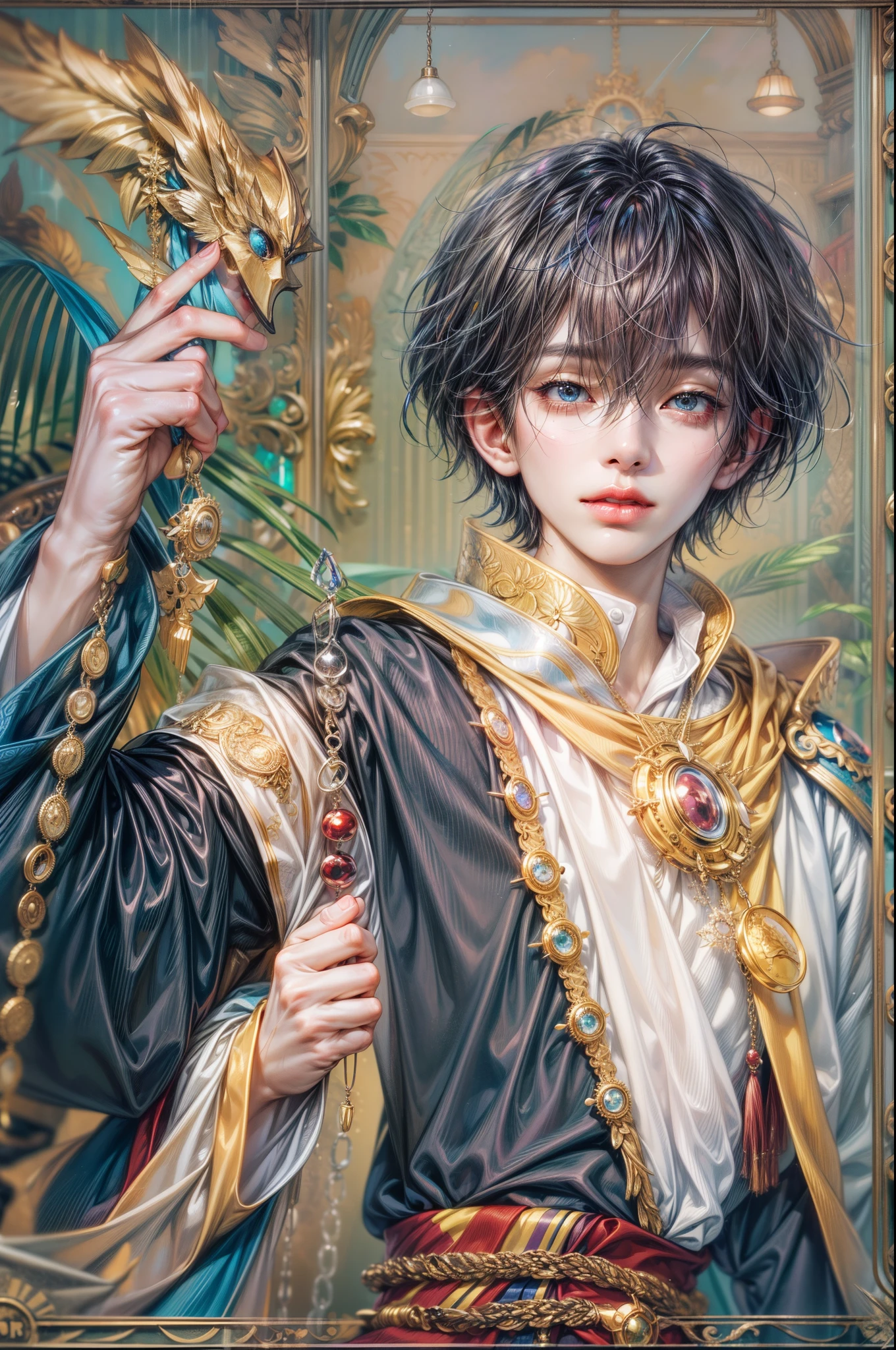 (absurdres, highres, ultra detailed, HDR), masterpiece, best quality, anime character, Anime Magi, short hair, handsome boy, anime eyes, detailed interior
