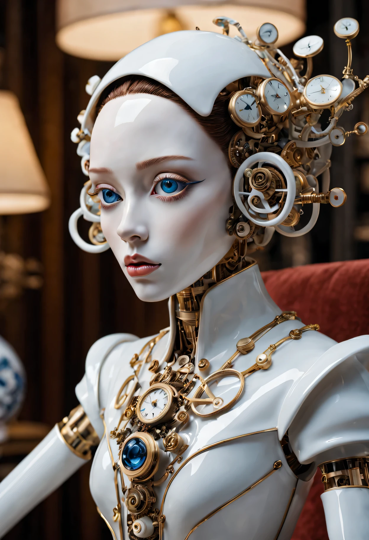 [best quality, high resolution, Super detailed, lifelike:1.37], porcelain, Futuristic mechanical puppet, Detailed mechanical joints, shiny porcelain surface, Complex clockwork mechanism, delicate porcelain fingers, porcelain face with expressive features, realistic glass eyes, Superb craftsmanship, lifelike movements, bright colors, Dynamic lighting, Modern decorated living room, stylish furniture, Soft ambient lighting, reflections on the porcelain surface.