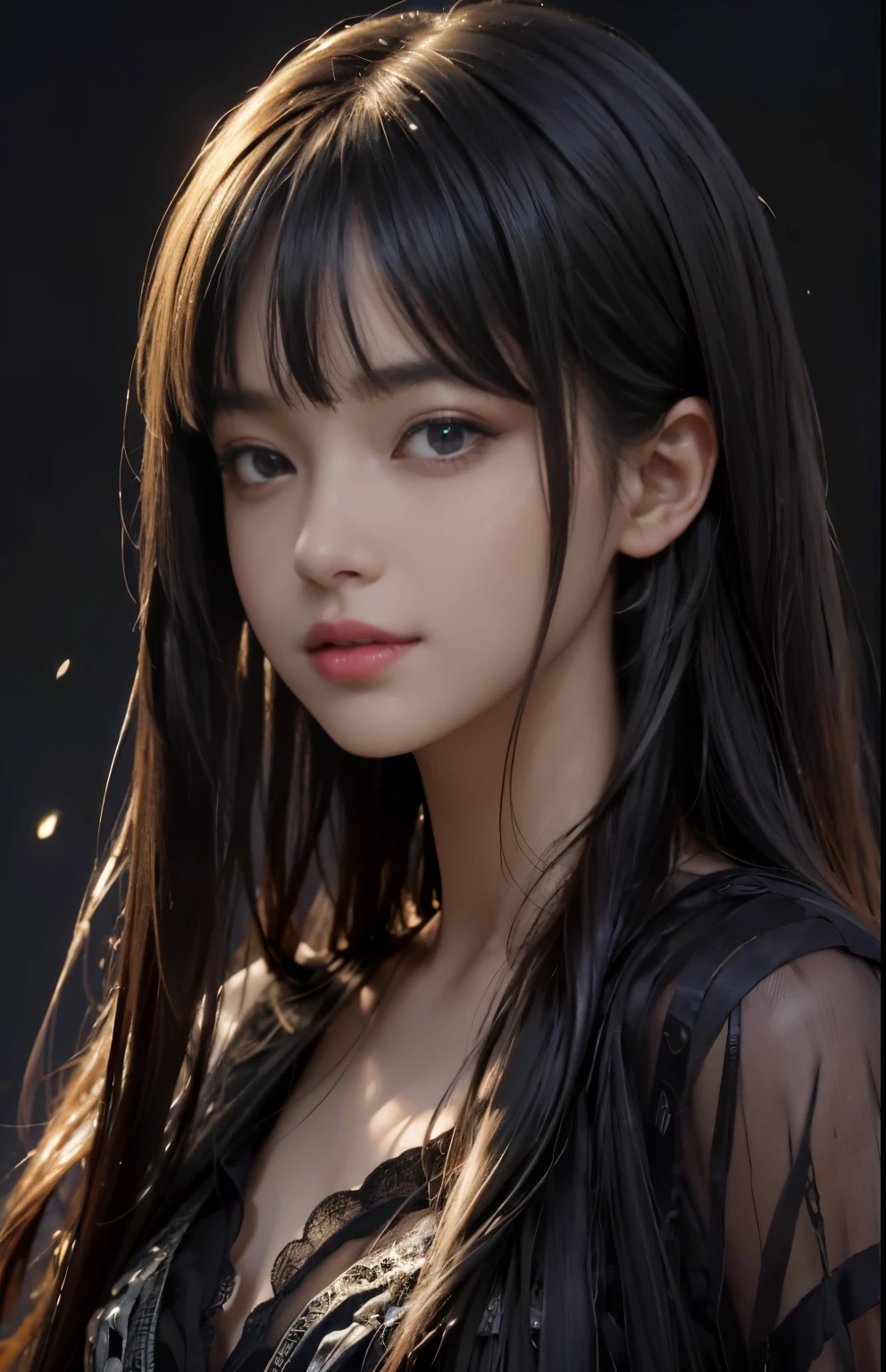 (surreal), (figure), (Improved resolution), (8k), (very detailed), (Best figure), (beautiful and detailed eyes), (highest quality), (super detailed), (masterpiece ), ( wallpaper), (detailed face), alone, 1 girl, looking at the viewer, small details, detailed face, in the dark, deep shadow, discreet key, Pure erotic face ace_v1, smile, long hair, black shawl straight hair , 46 point diagonal bangs