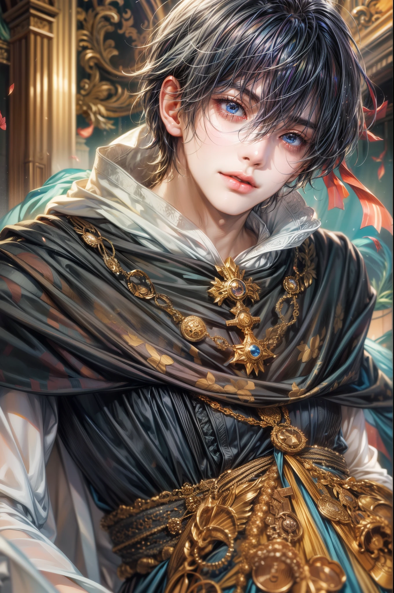 (absurdres, highres, ultra detailed, HDR), masterpiece, best quality, anime character, Anime Magi, short hair, handsome boy, anime eyes, detailed interior
