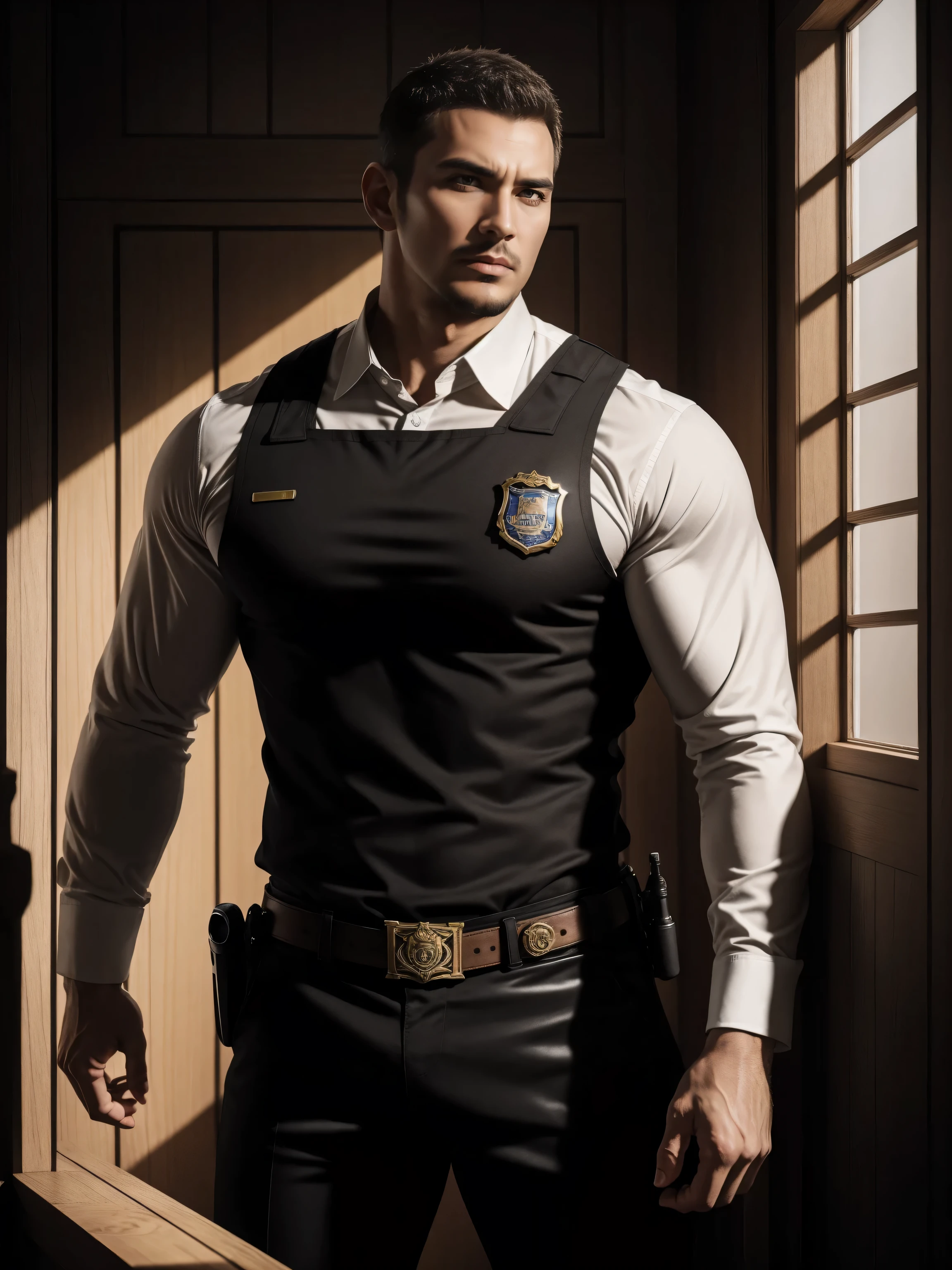 Tall giant muscular肌肉男警官，Yellow and black striped long-sleeved police uniform，Wear it over a shirt，police certificate，There are frescoes on the walls，character concept（Resident Evil - chris redfield，chris redfield）proud expression，Deep and charming eyes，heroic male pose，高大burly，muscular！muscular大腿，tough guy，perfect facial features，High, burly, Heqiang， Super gain and cool， high resolution committee，Charming strong man，The bright sunshine shines on you through the window