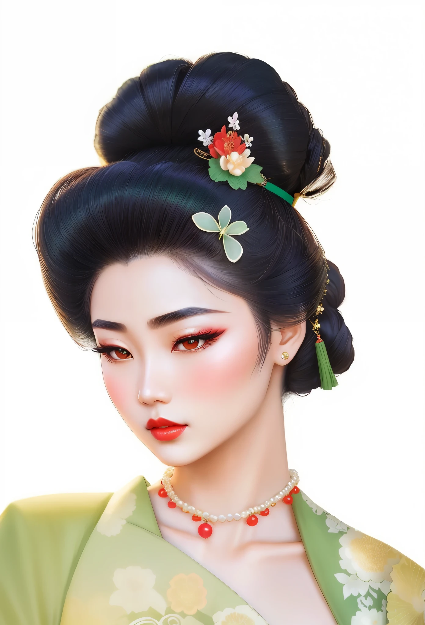Alaphid Asian woman wearing green dress and floral comb, pearl necklace，jade buckle pendant，geisha release，Hairpin，Butterfly，Delicate hair，Curved thin eyebrows，red lips，flowing hair
